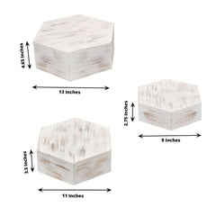 Set of 3 Wooden Dessert Display Boxes Whitewashed Hexagonal Design - Stackable Riser Cake Stand 9", 11", 13"