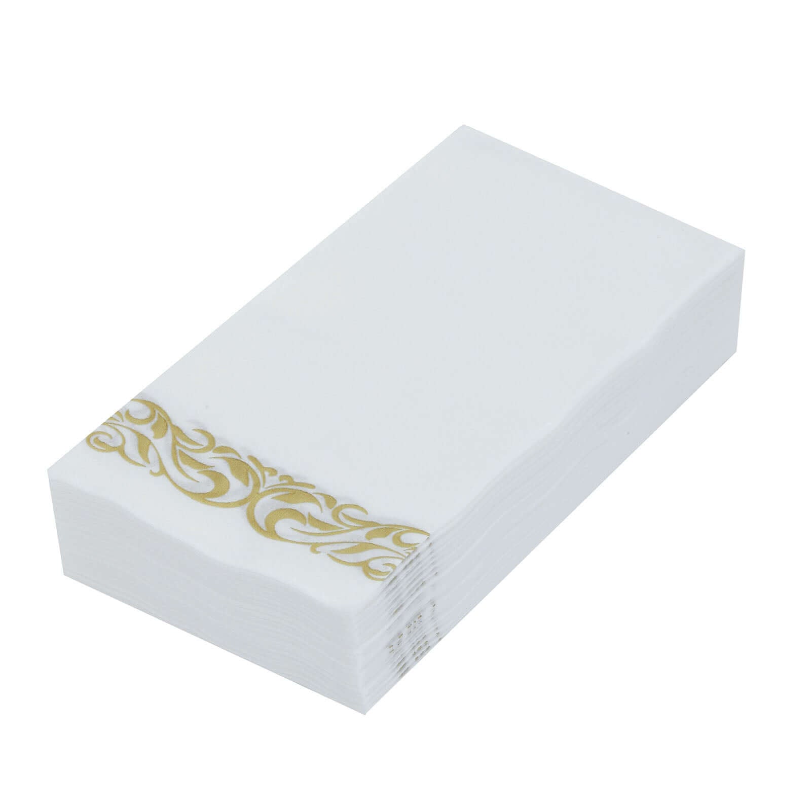 25 Pack Linen-Like Paper 8"x4" Napkins White with Metallic Gold Foil Scroll Design - Soft & Absorbent Airlaid Hand Towels for Exquisite Weddings & Events