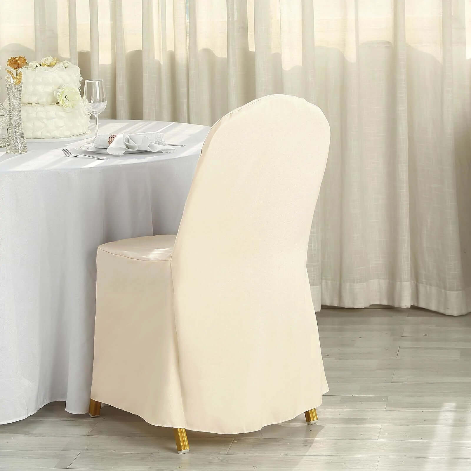 Polyester Slip On Banquet Chair Covers Beige - Stain-Resistant Reusable Durable Fabric