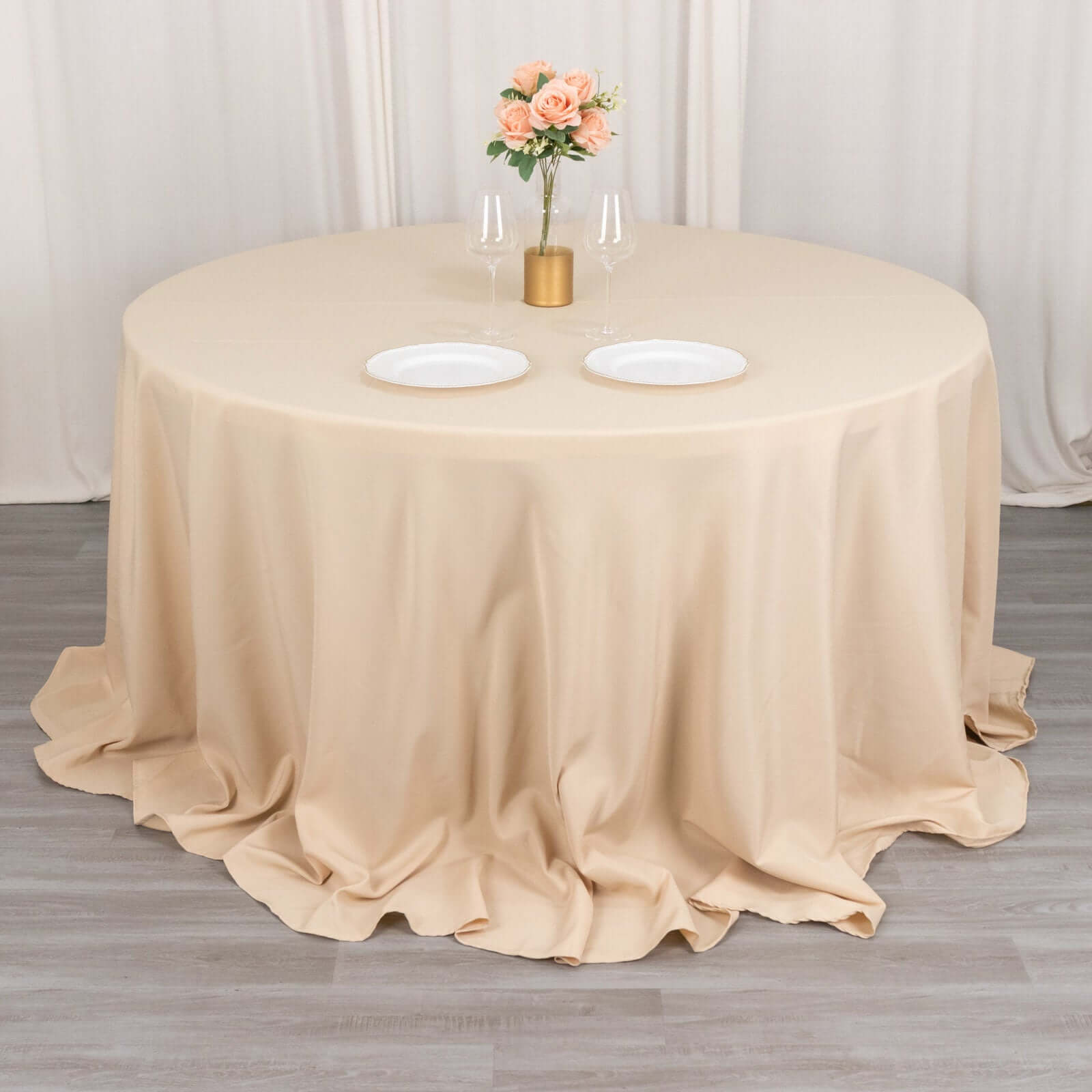 Premium Polyester 132" Round Tablecloth Beige - Seamless 220GSM Wrinkle-Resistant Table Cover