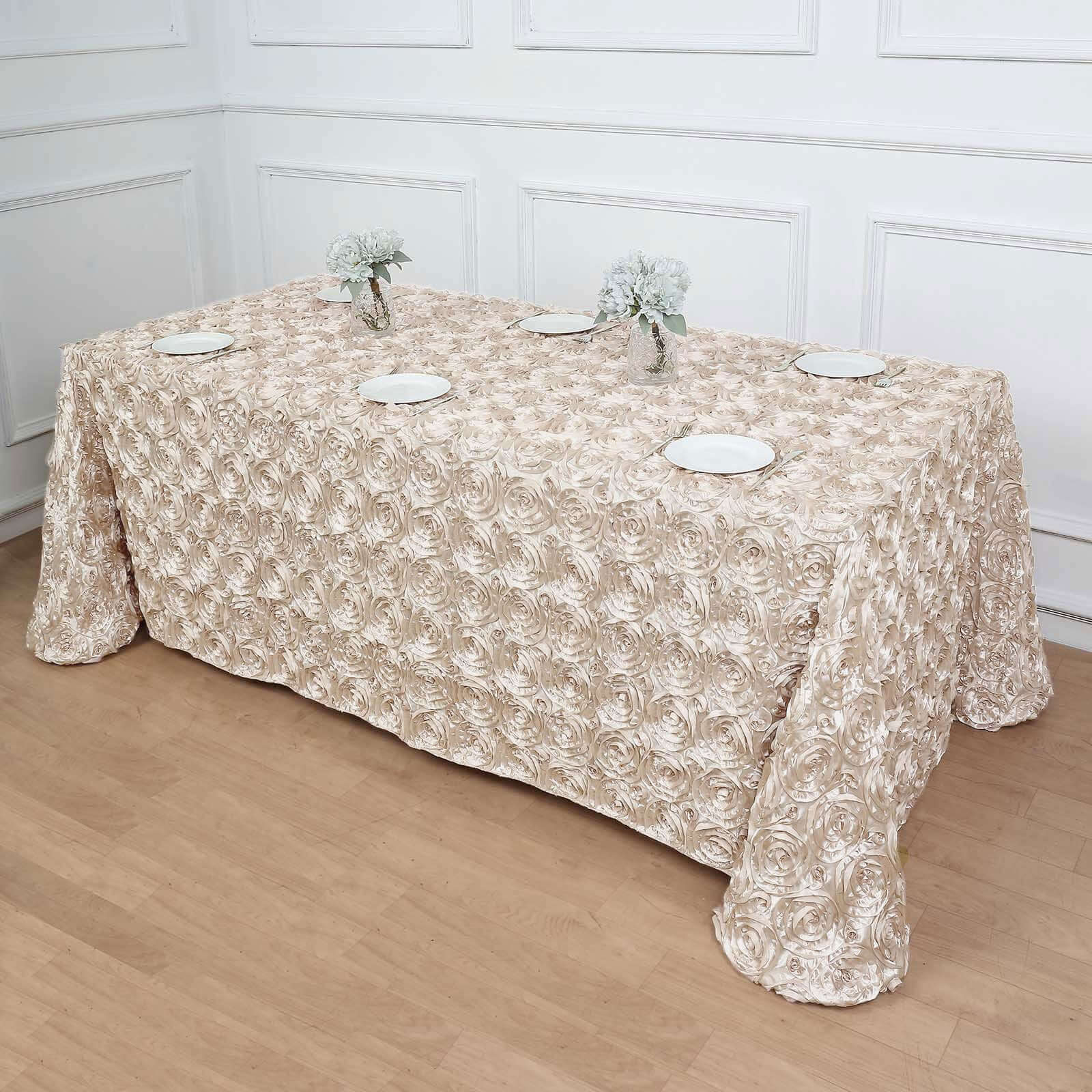 Satin 90"x132" Rectangle Tablecloth Beige - Grandiose 3D Rosette Seamless Table Cover
