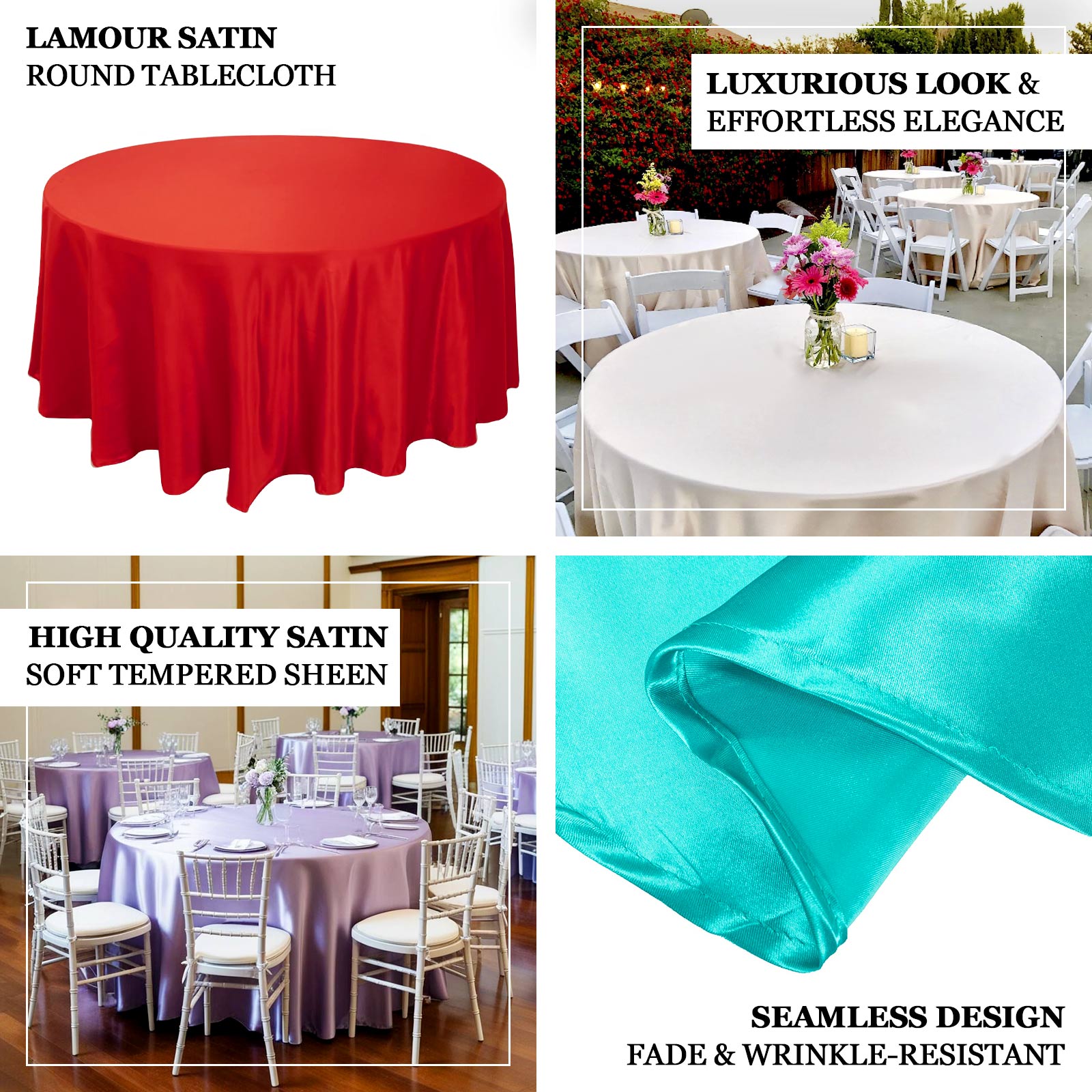 Lamour Satin 120" Round Tablecloth Black - Seamless Table Cover with Soft Tempered Sheen for Upscale Gatherings