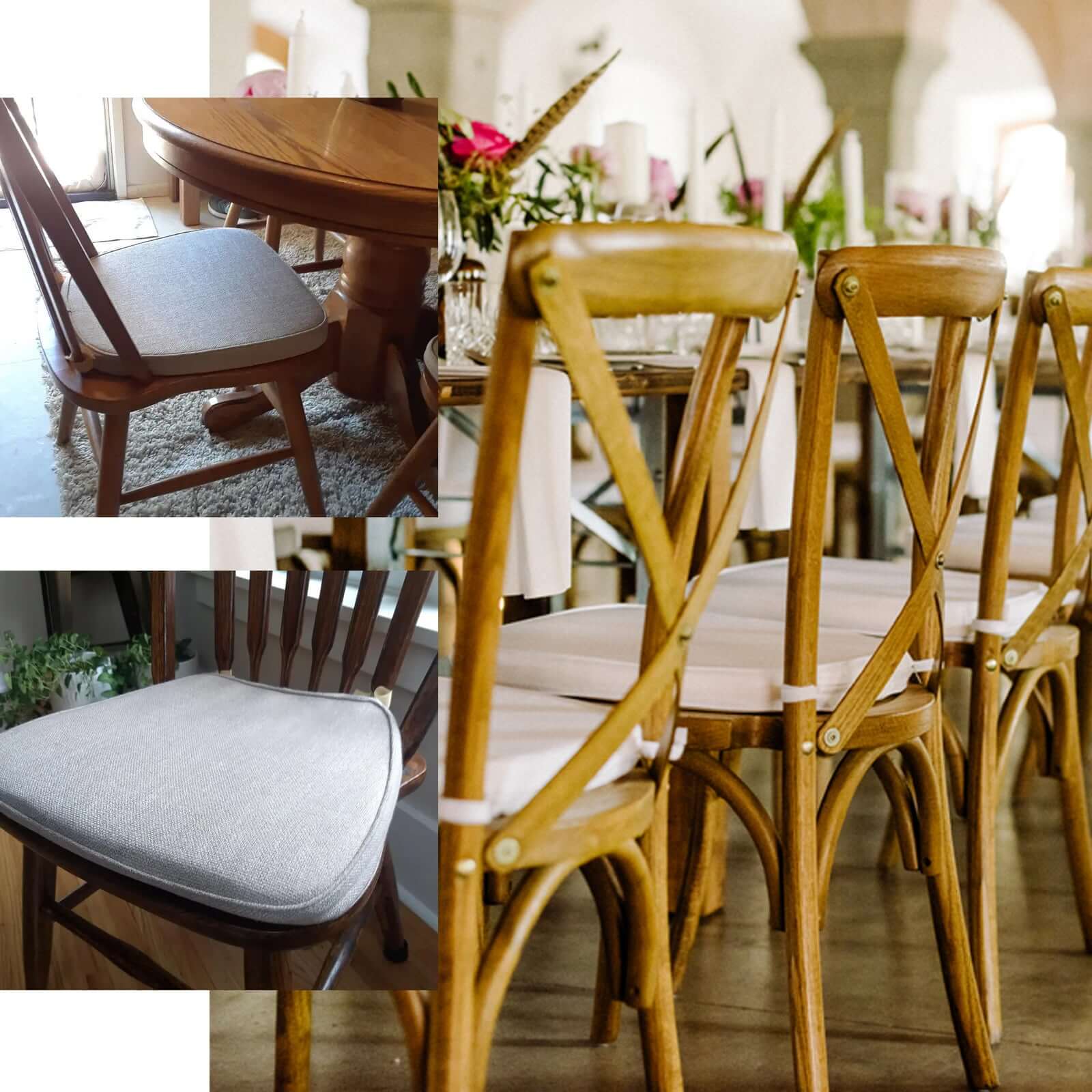 Natural Burlap Chair Cushion with Soft 2" Thick Pad and Ties - Rustic Removable Cover for Chiavari Chairs