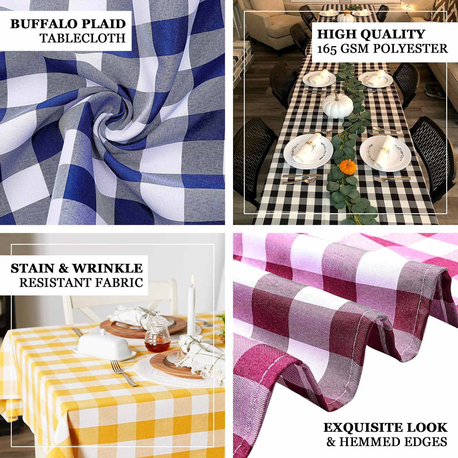 Polyester 60"x102" Rectangle Tablecloth White/Black - Checkered Buffalo Plaid Design for Everyday Use