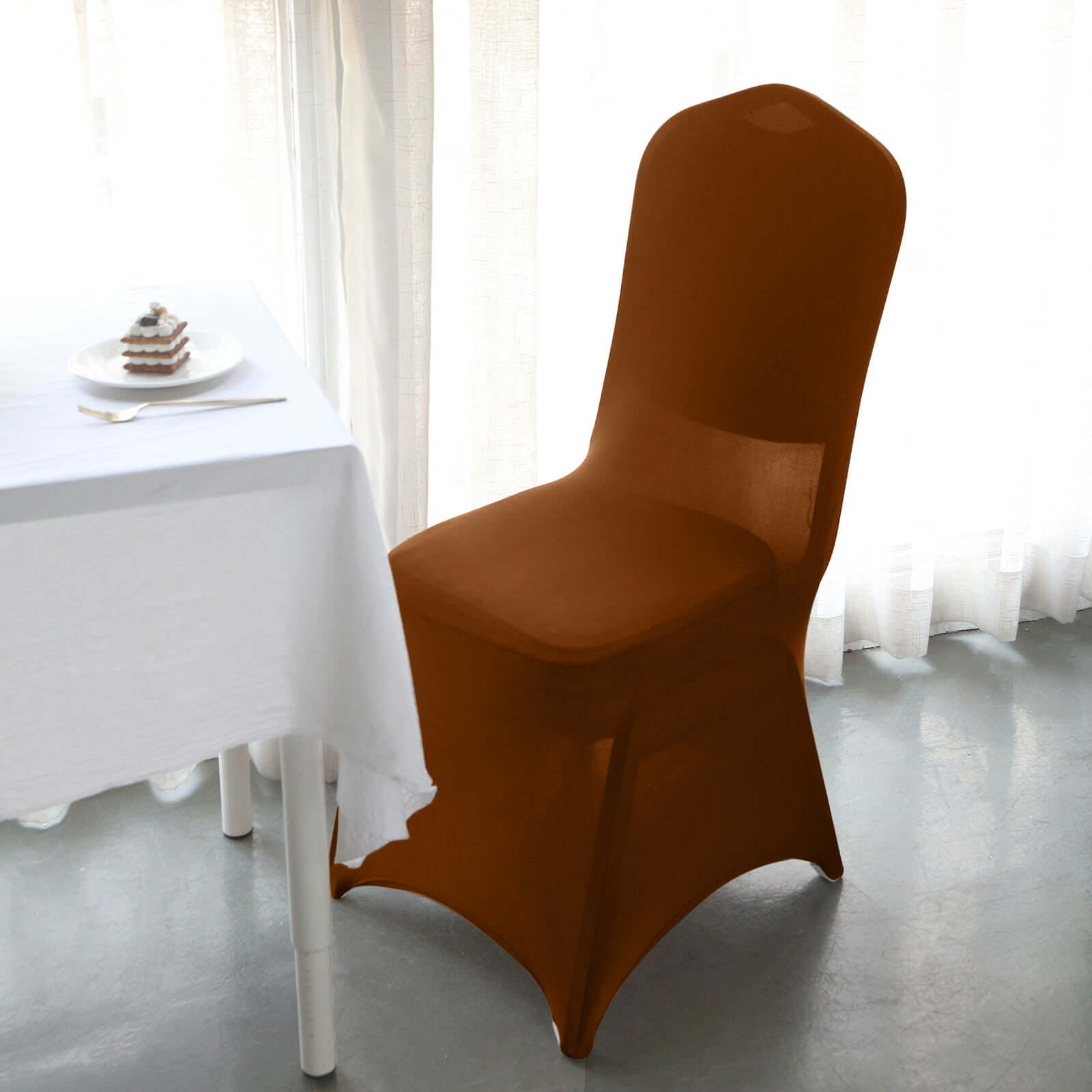 Spandex Chair Cover for Banquet Chairs Cinnamon Brown - Stretch 160GSM Fabric with Slip-On Slipcover