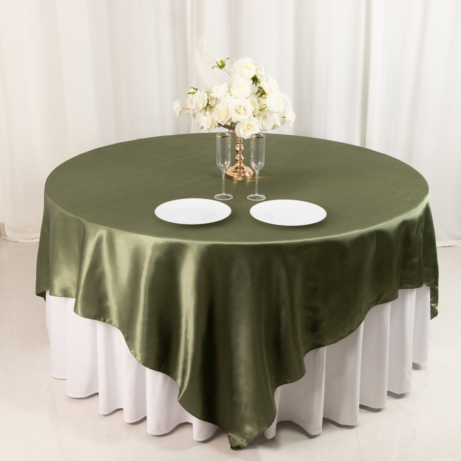 Satin 90"x90" Table Overlay Square Tablecloth Dusty Sage Green - Smooth Finish Table Topper