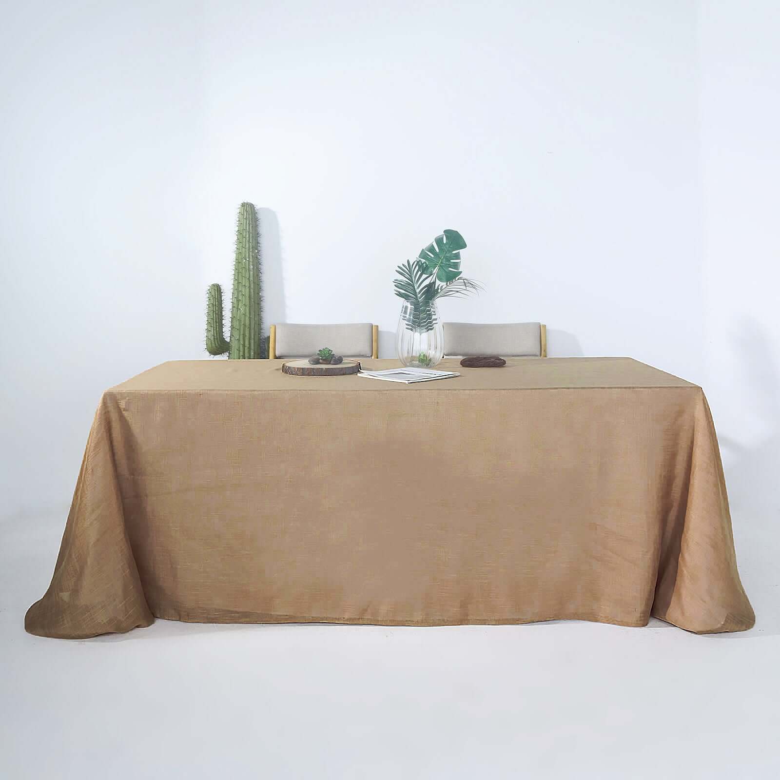 Faux Linen 90"x132" Rectangular Tablecloth Natural - Slubby Texture Wrinkle-Resistant Seamless Table Cover
