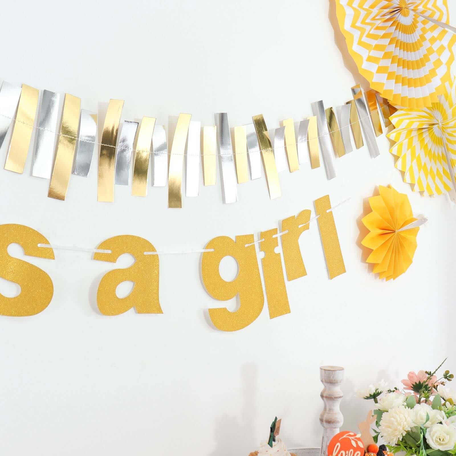 3ft Gold Glittered It's a Girl Paper Hanging Gender Reveal Garland Banner, Baby Shower Banner