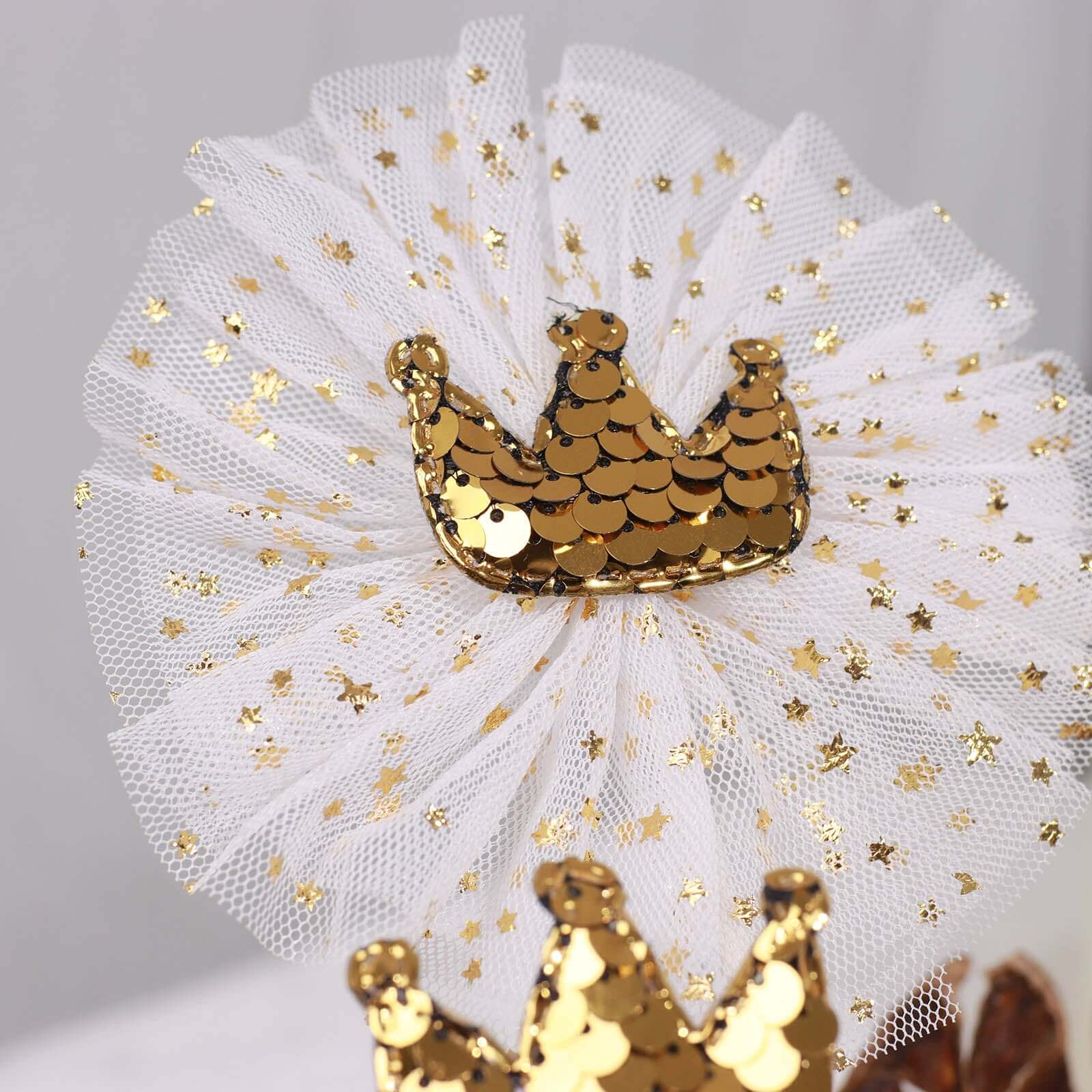 9-Pack Sequin Crown and Tutu Cupcake Cake Toppers Gold - Shimmering Princess Inspired Cake Inserts DIY Party Decoration Supplies