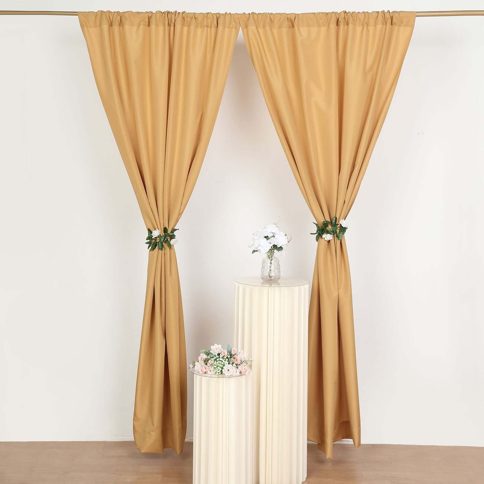 2 Pack Gold Polyester Event Curtain Drapes, 10ftx8ft Backdrop Event Panels With Rod Pockets 130 GSM