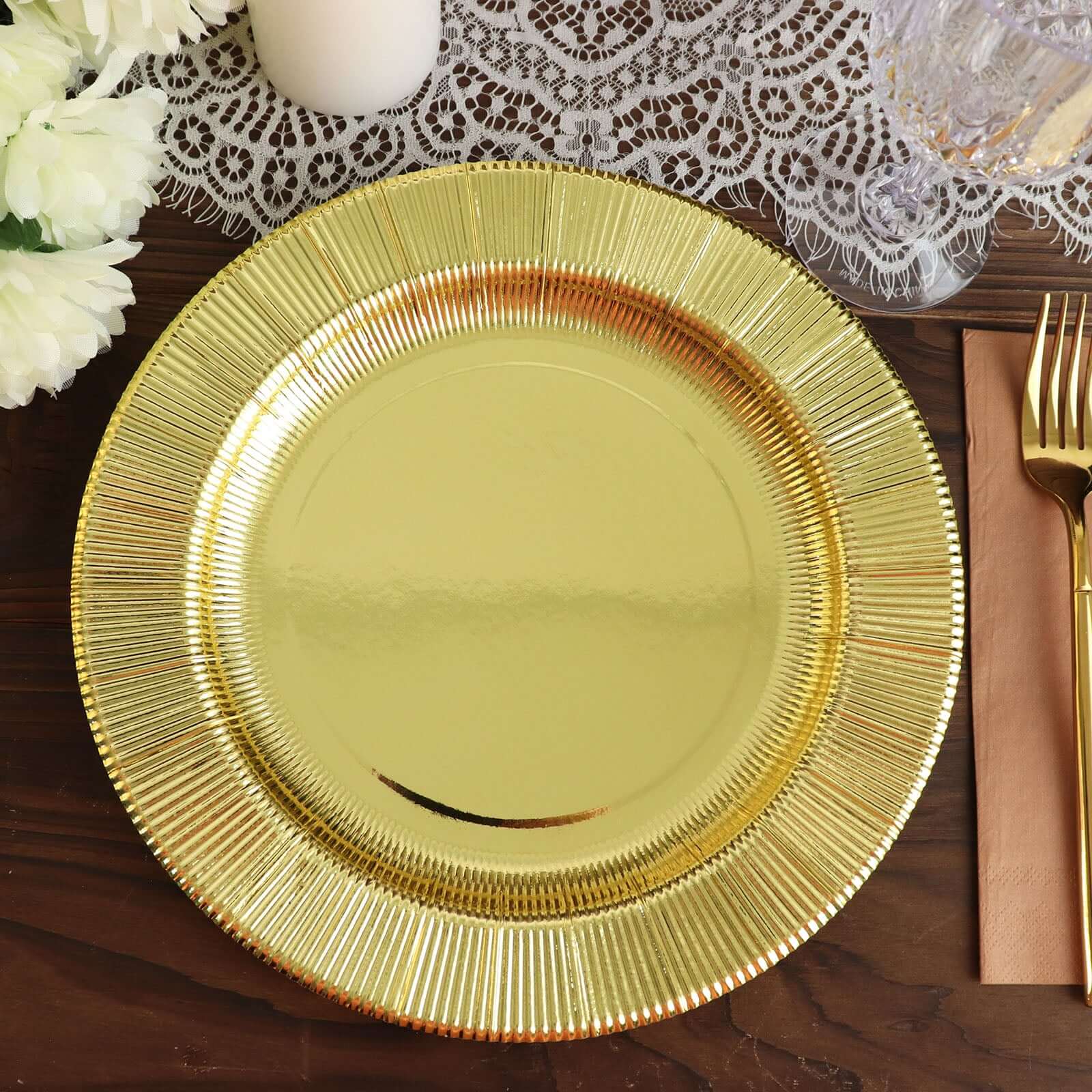 25-Pack Paper 10" Round Dinner Plates in Metallic Gold Sunray Design - Disposable Heavy Duty 350GSM Party Plates