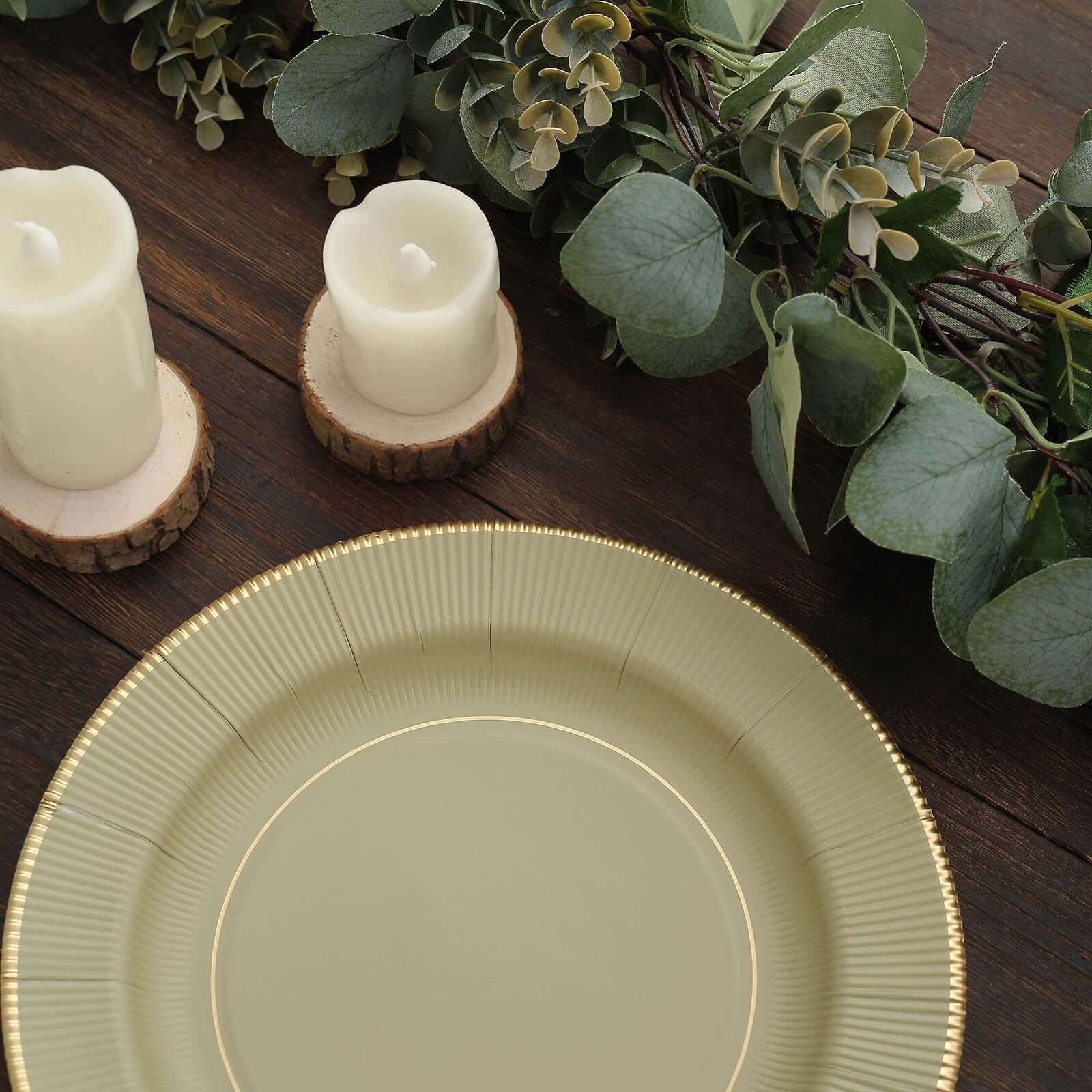 25-Pack Paper 10" Round Dinner Plates in Khaki Sunray Design with Gold Rim - Disposable Heavy Duty 350GSM Party Plates