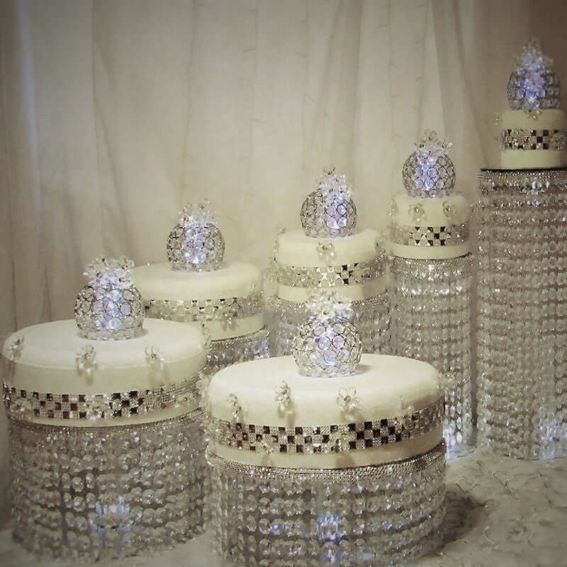Metal Cake Stand Round Design Metallic Silver with Crystal Chains 14" Dia - Cupcake Dessert Pedestal 8" Tall