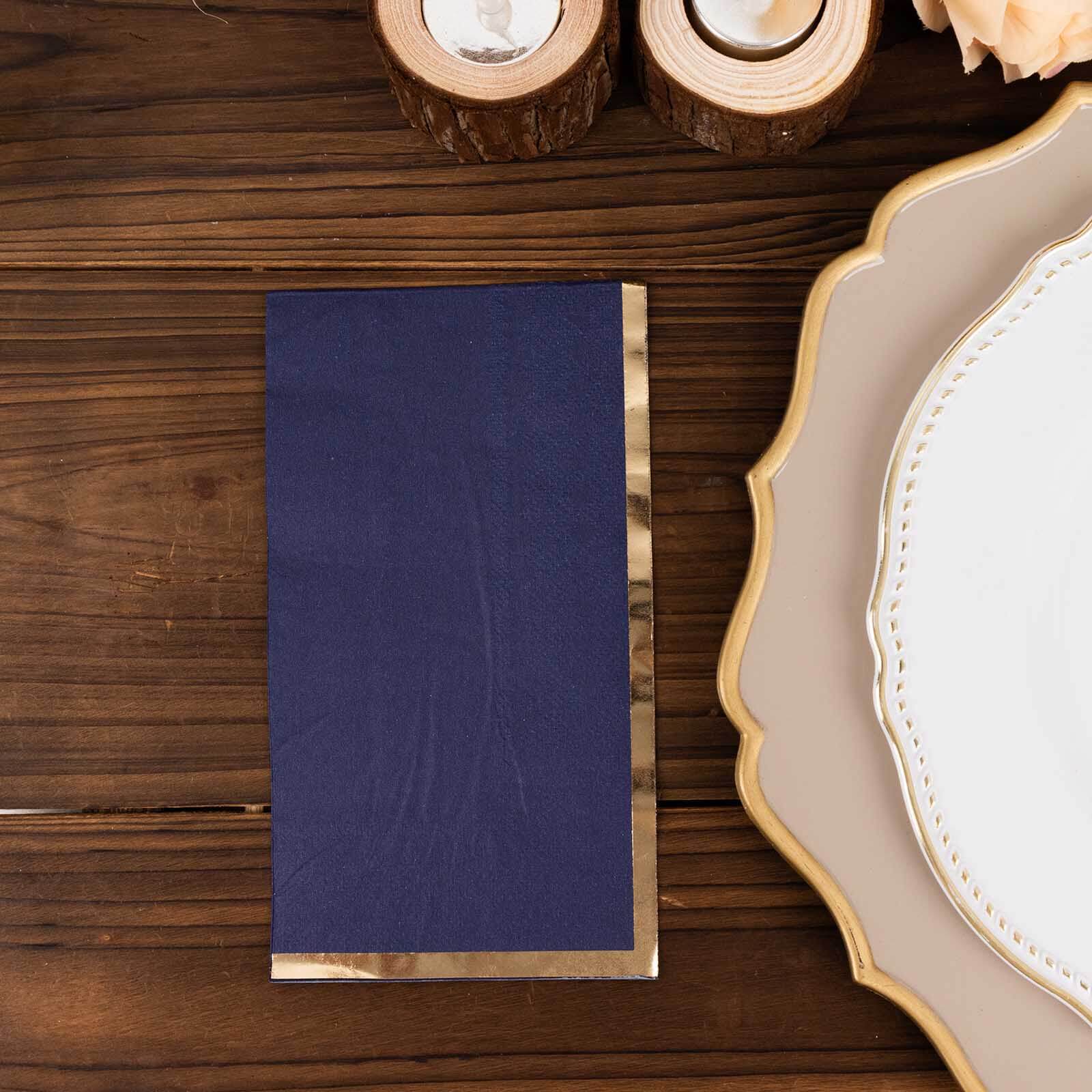 50-Pack Paper Dinner Napkins Navy Blue with Gold Foil Edge 2 Ply - Stylish Disposable Napkins
