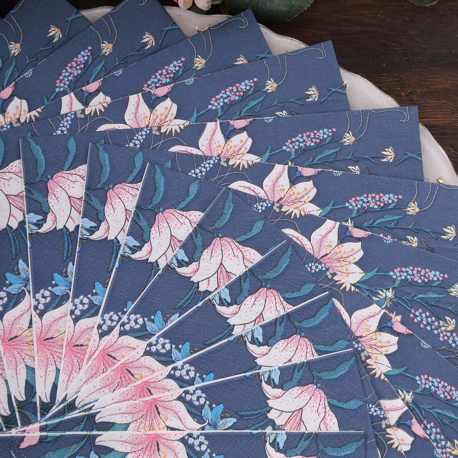 20-Pack Paper Beverage Napkins with Water Lily Floral Design Navy Blue - 2 Ply Soft 18GSM Wedding Napkins 6.5"x6.5"