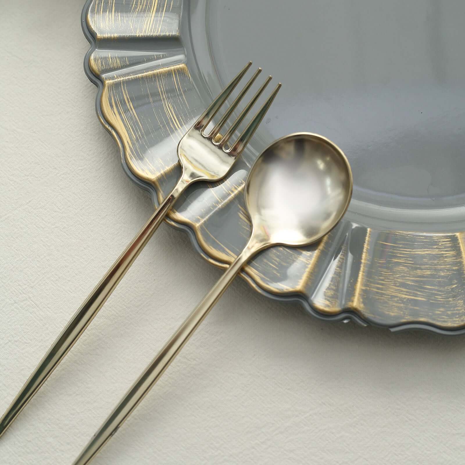 6-Pack Acrylic Plastic Round Charger Plates 13" in Charcoal Gray with Gold Brushed Wavy Scalloped Rim, Decorative Dinner Party Charger Tableware