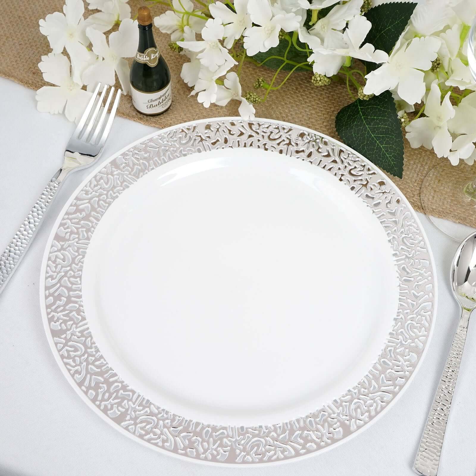 10-Pack Plastic Dinner Plates White with Fancy Silver Lace Rim - Stylish Disposable Plates for Events 10"