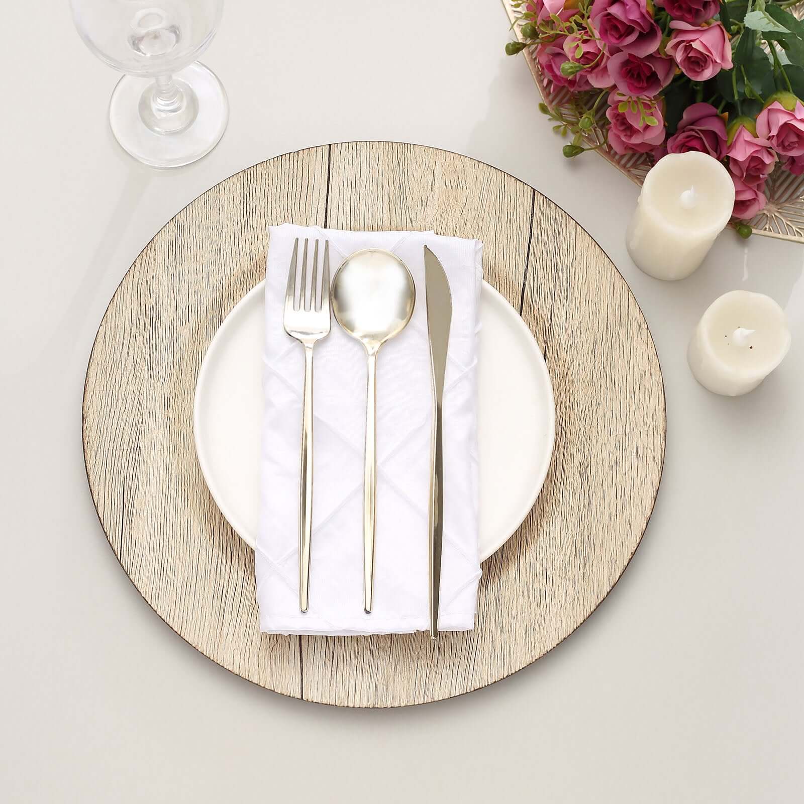 6-Pack Plastic Round Charger Plates 13" in Natural with Faux Wood Finish, Rustic Boho Chic Dinner Party Charger Tableware