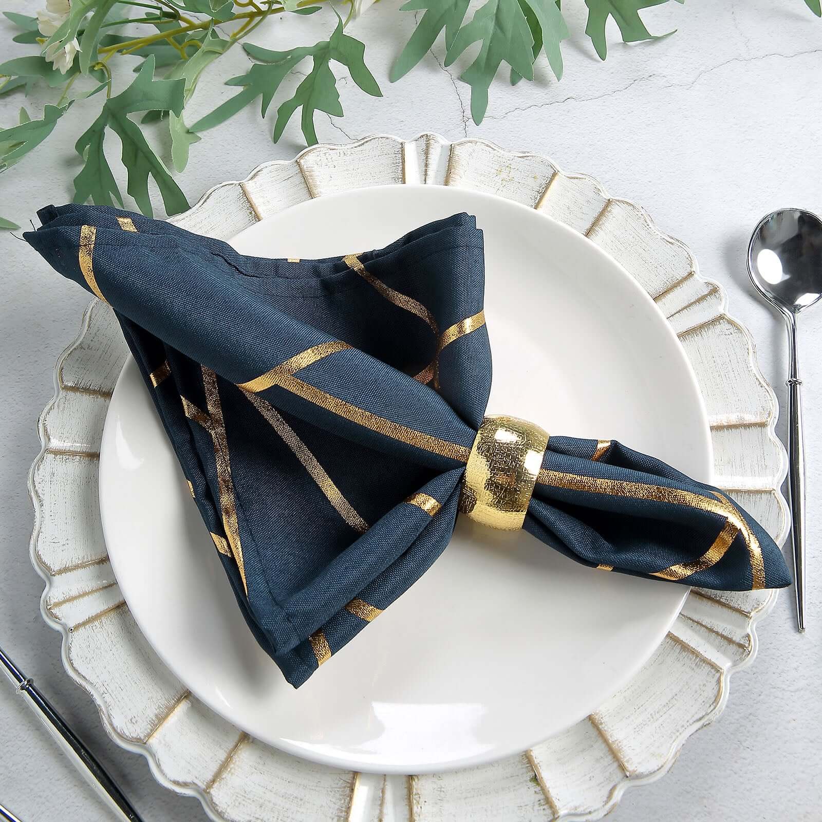 5 Pack Polyester 20"x20" Napkins Navy Blue with Gold Geometric Foil Pattern - Modern Reusable Dinner Napkins