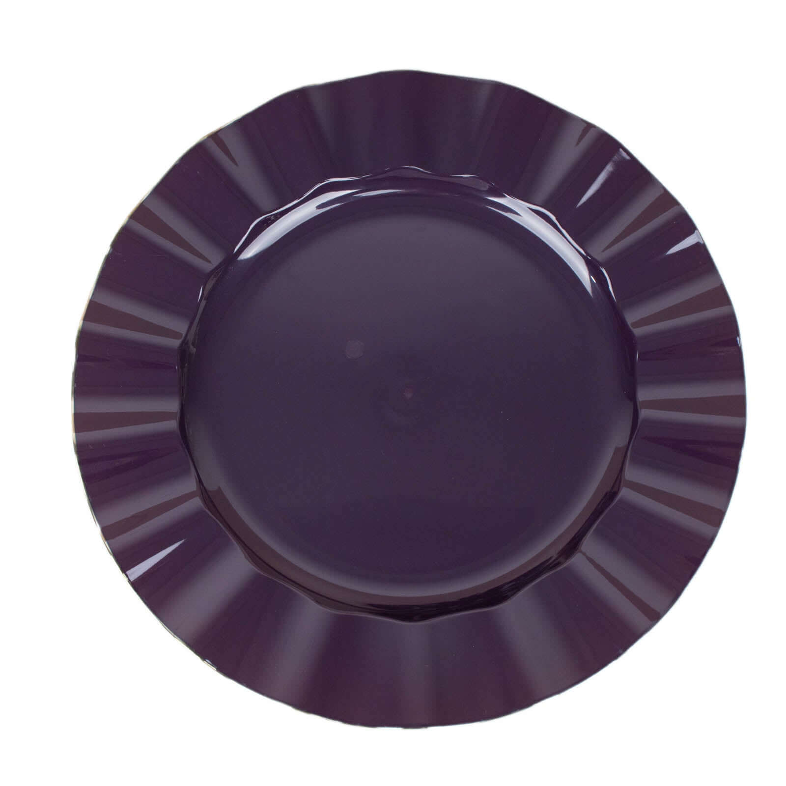 10-Pack Plastic 9" Round Dinner Plates in Purple Ruffled Rim with Gold Edging - Sturdy Disposable Dinnerware