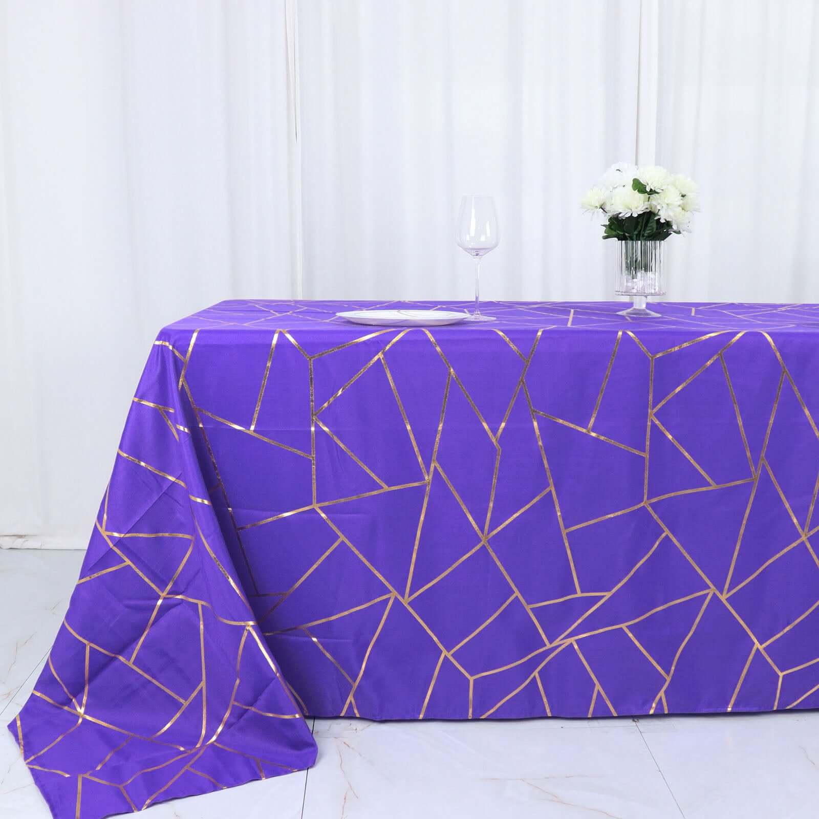 Polyester 90"x132" Rectangle Tablecloth Purple Seamless with Gold Foil Geometric Pattern - Wrinkle-Resistant Seamless Table Cover