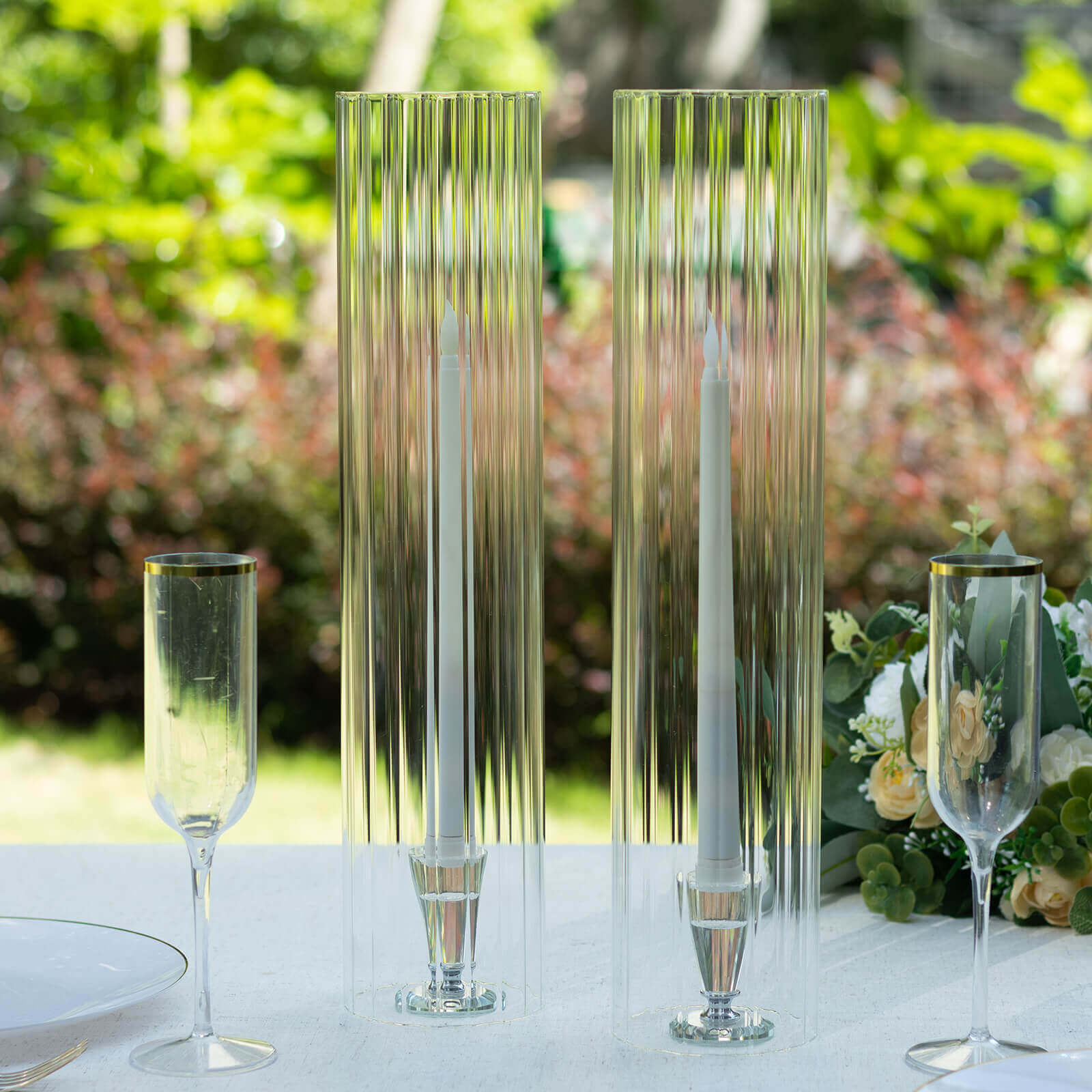 2-Pack Clear Ribbed Glass Hurricane Shades Open End Design - Stylish Candelabra Pillar Candle Holder Table Centerpiece 18"