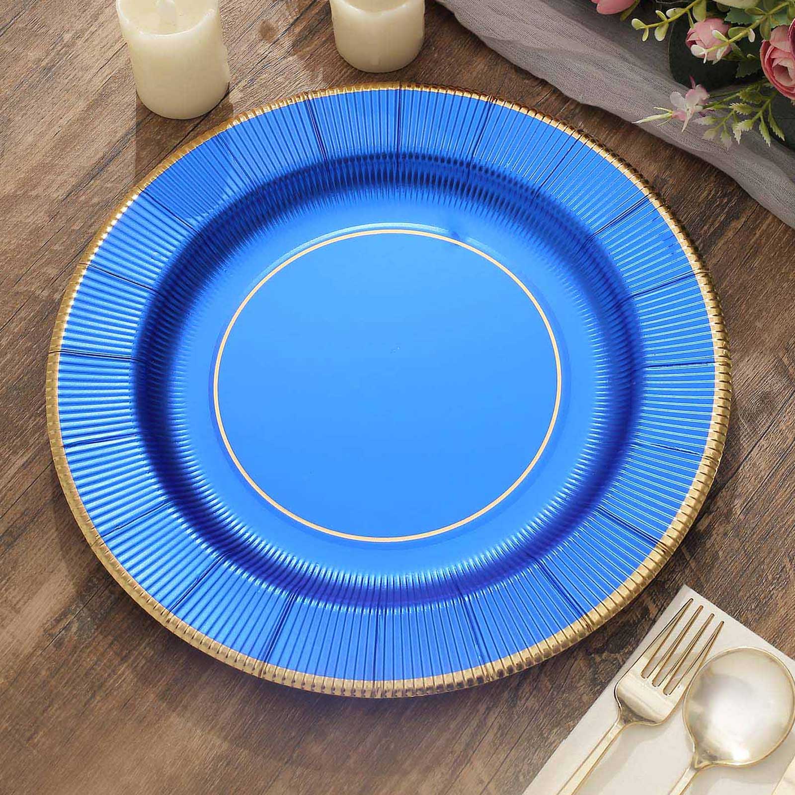 25-Pack Disposable Round Charger Plates in Royal Blue Sunray Design with Gold Rim - 350GSM Heavy Duty Paper Chargers 13"