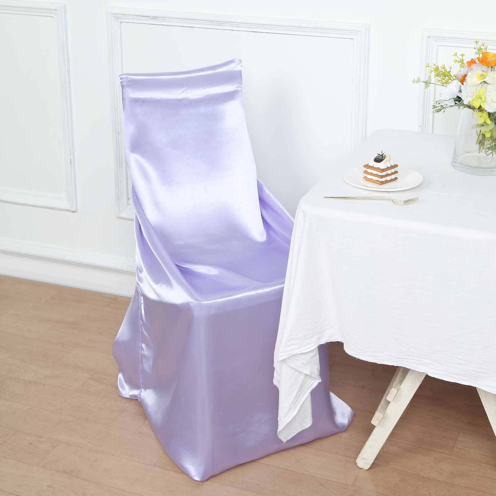Satin Chair Cover Self-Tie Universal Design Lavender Lilac - Durable Slip-On Cover for Folding, Dining, Banquet & Standard Chairs