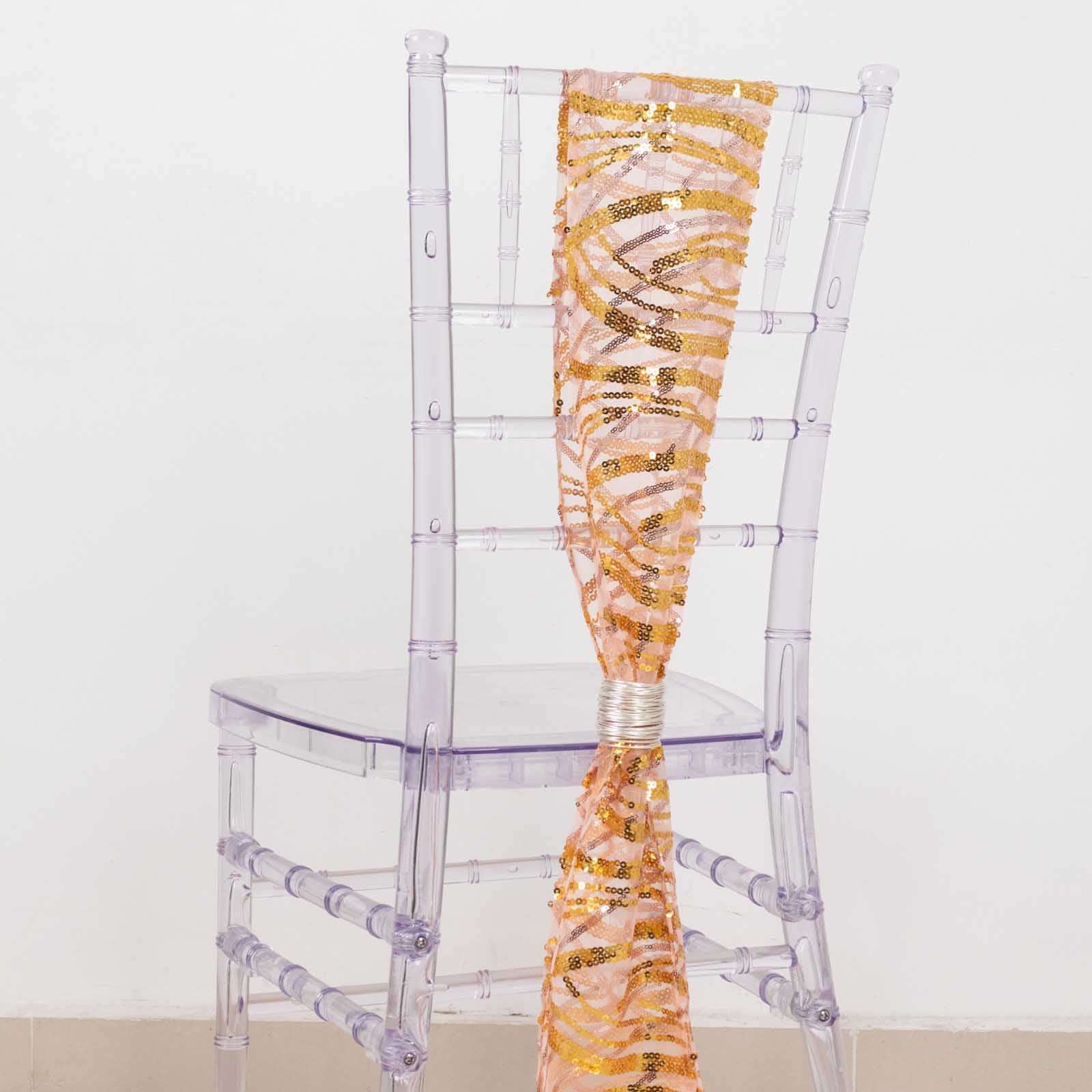 5 Pack Chair Sashes with Wave Embroidered Sequins Rose Gold/Gold 6"x88"