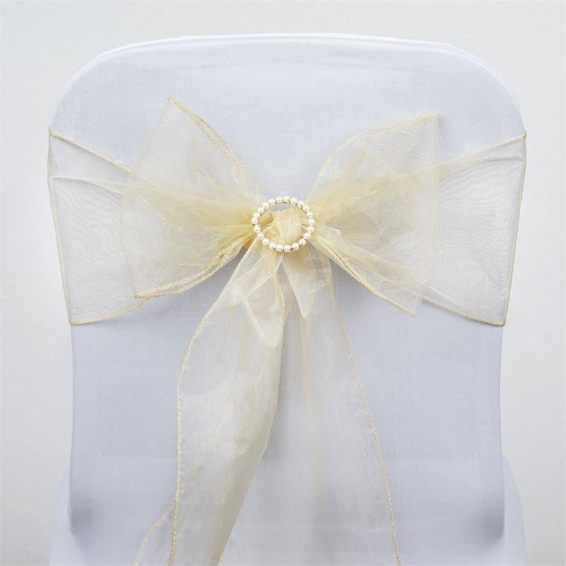 5 Pack Organza Chair Sashes Champagne - Reusable Sheer Chair Bows 6"x108"
