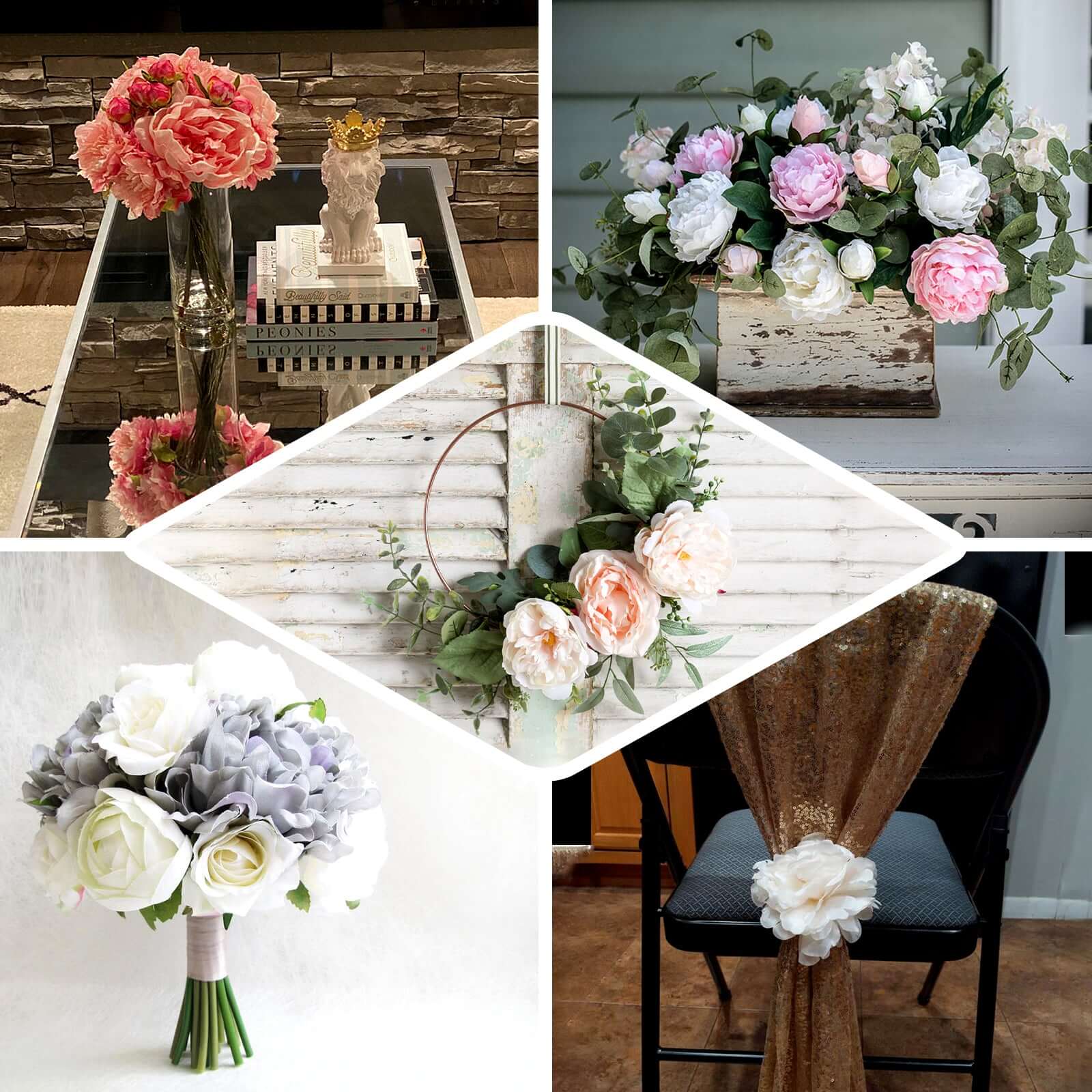 11" Blush Cream Real Touch Artificial Silk Peonies Flower Bouquet