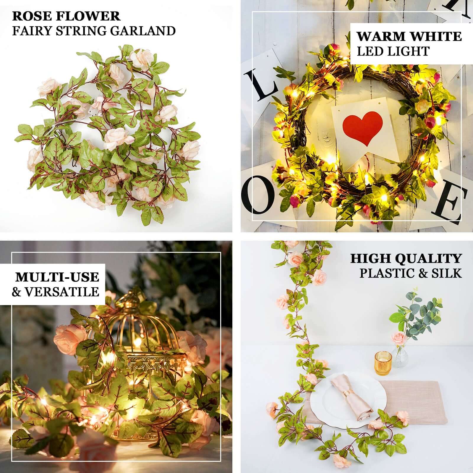 7ft 20 LED Red Silk Rose Flower Garland Vine String Lights, Warm White Battery Operated