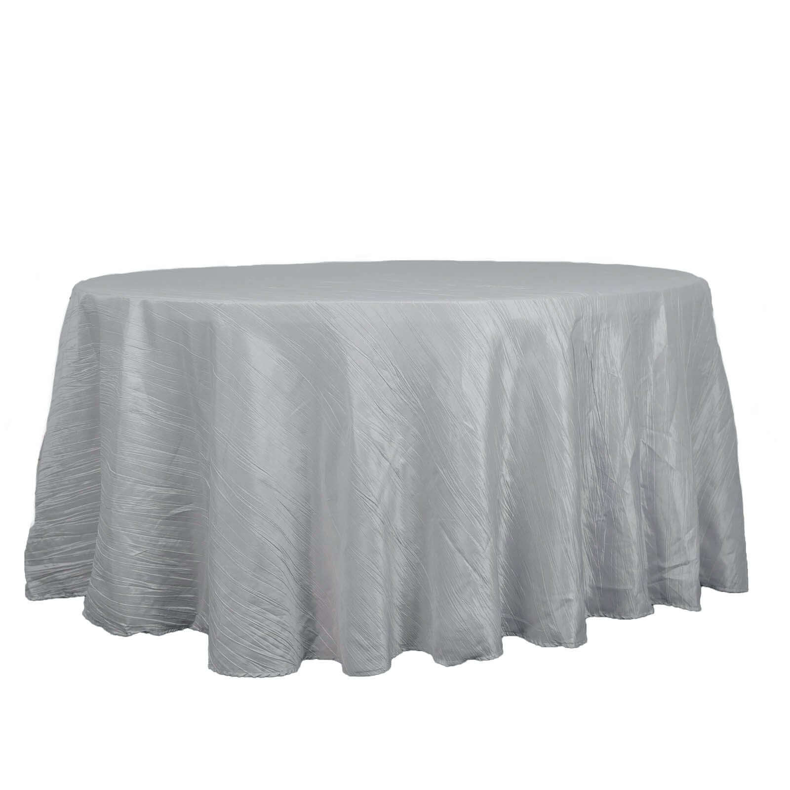 Taffeta 120" Round Tablecloth Silver - Seamless Accordion Crinkle Table Cover