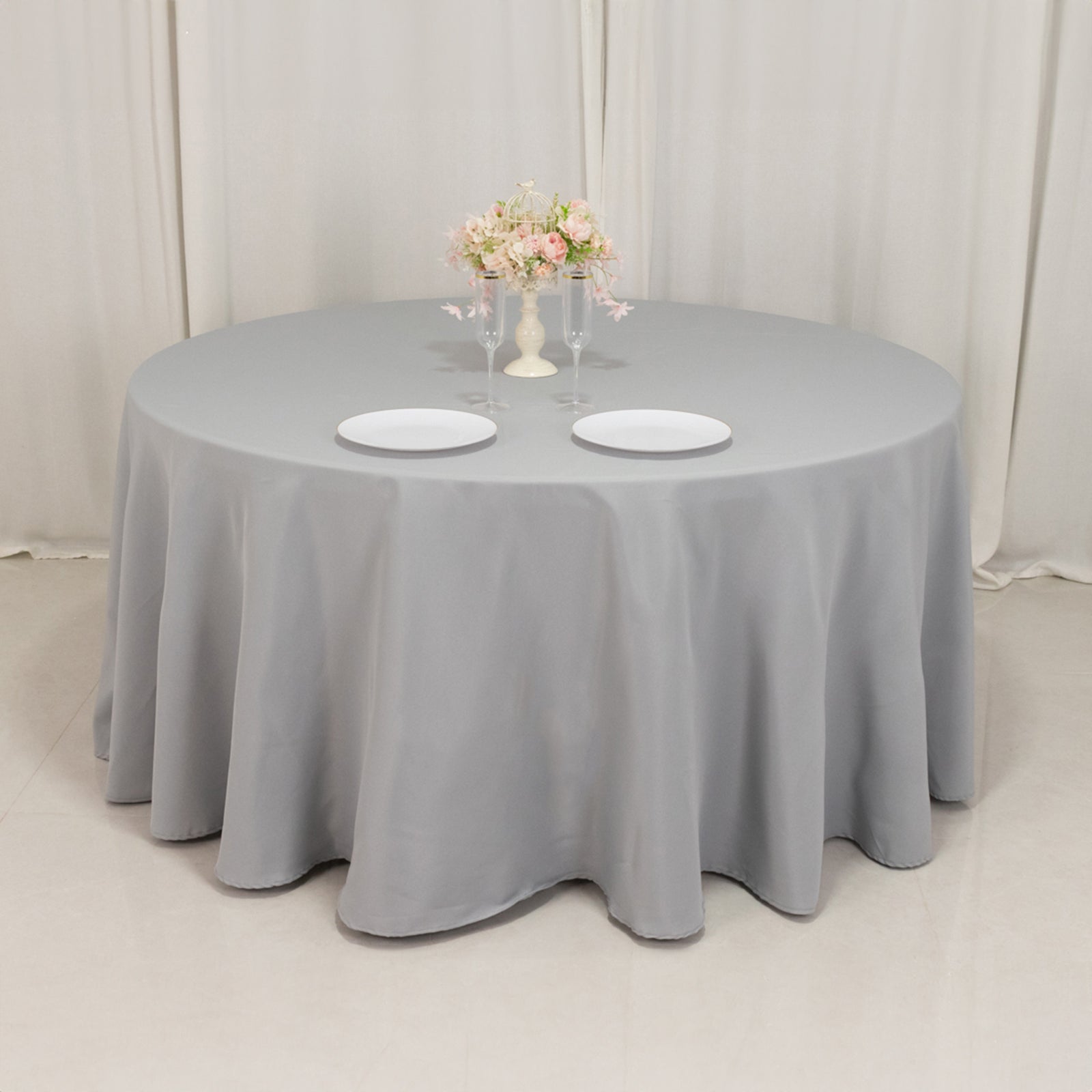 Premium Polyester 120" Round Tablecloth Silver - Seamless 220GSM Wrinkle-Resistant Table Cover