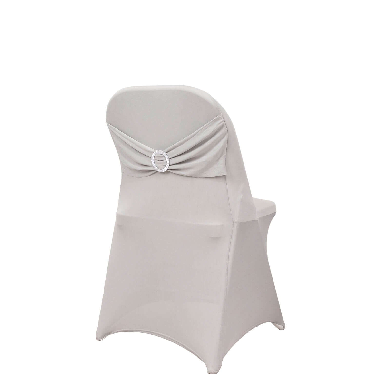 Stretch Spandex Chair Cover Silver for Folding Chairs - Secure Fit Slipcover with Silver Rhinestone Buckled Sash Band