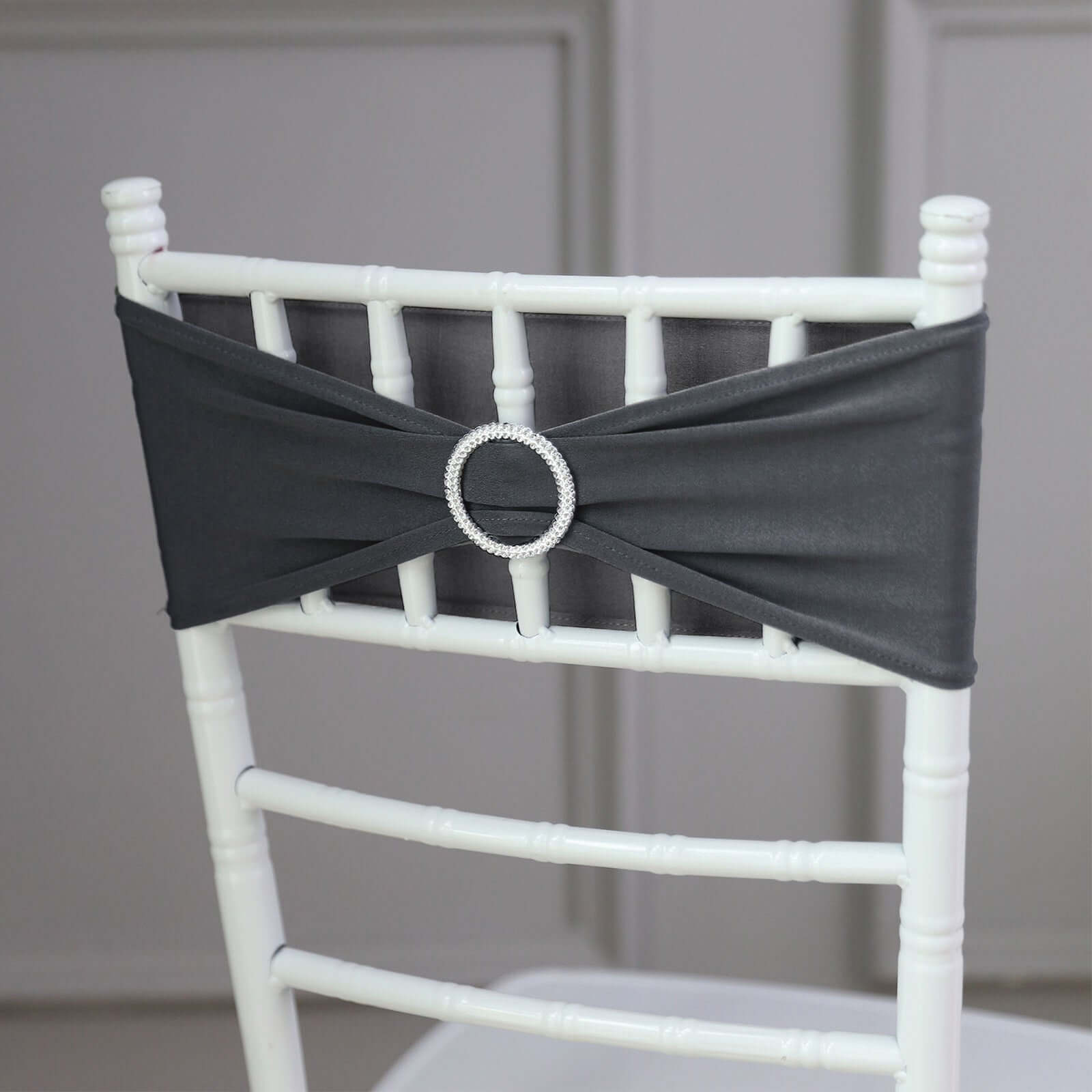5 Pack Stretch Spandex Chair Sashes Charcoal Gray - Reusable Chair Bands with Silver Diamond Ring Slide Buckle 5"x14"