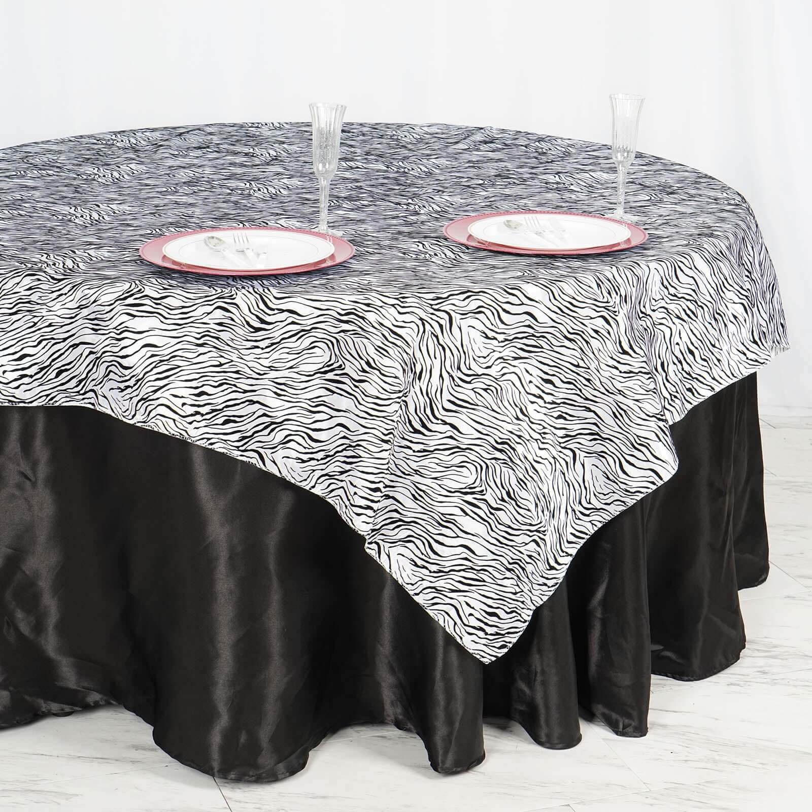 Taffeta 72"x72" Table Overlay Black and White -Tiger Print Design for Jungle Theme Parties