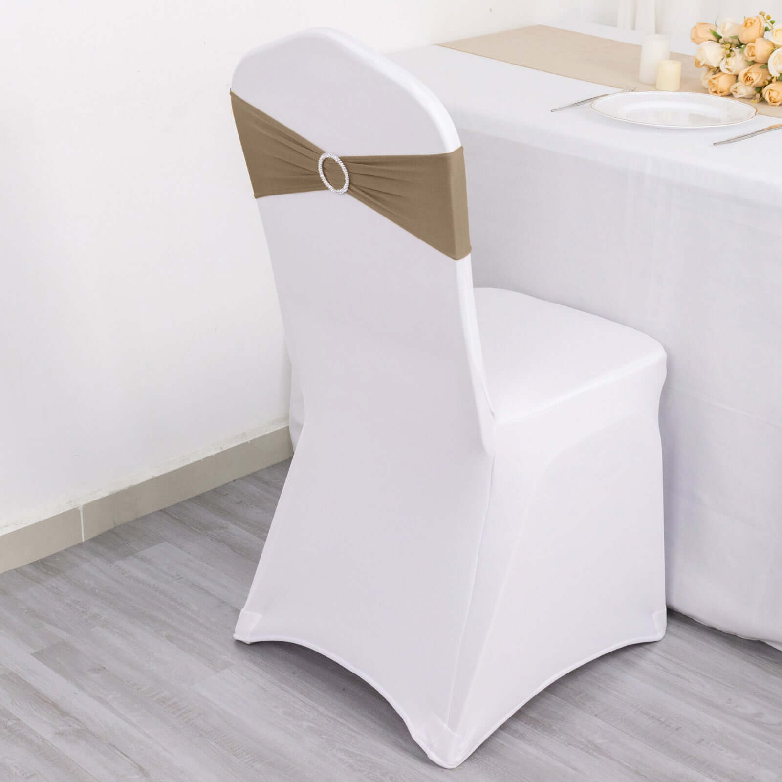5 Pack Stretch Spandex Chair Sashes Taupe - Reusable Chair Bands with Silver Diamond Ring Slide Buckle 5"x14"