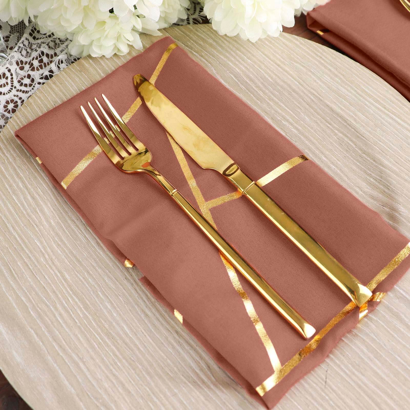5 Pack Polyester 20"x20" Napkins Terracotta (Rust) with Gold Geometric Foil Pattern - Modern Reusable Dinner Napkins