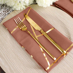 5 Pack Polyester 20"x20" Napkins Terracotta (Rust) with Gold Geometric Foil Pattern - Modern Reusable Dinner Napkins