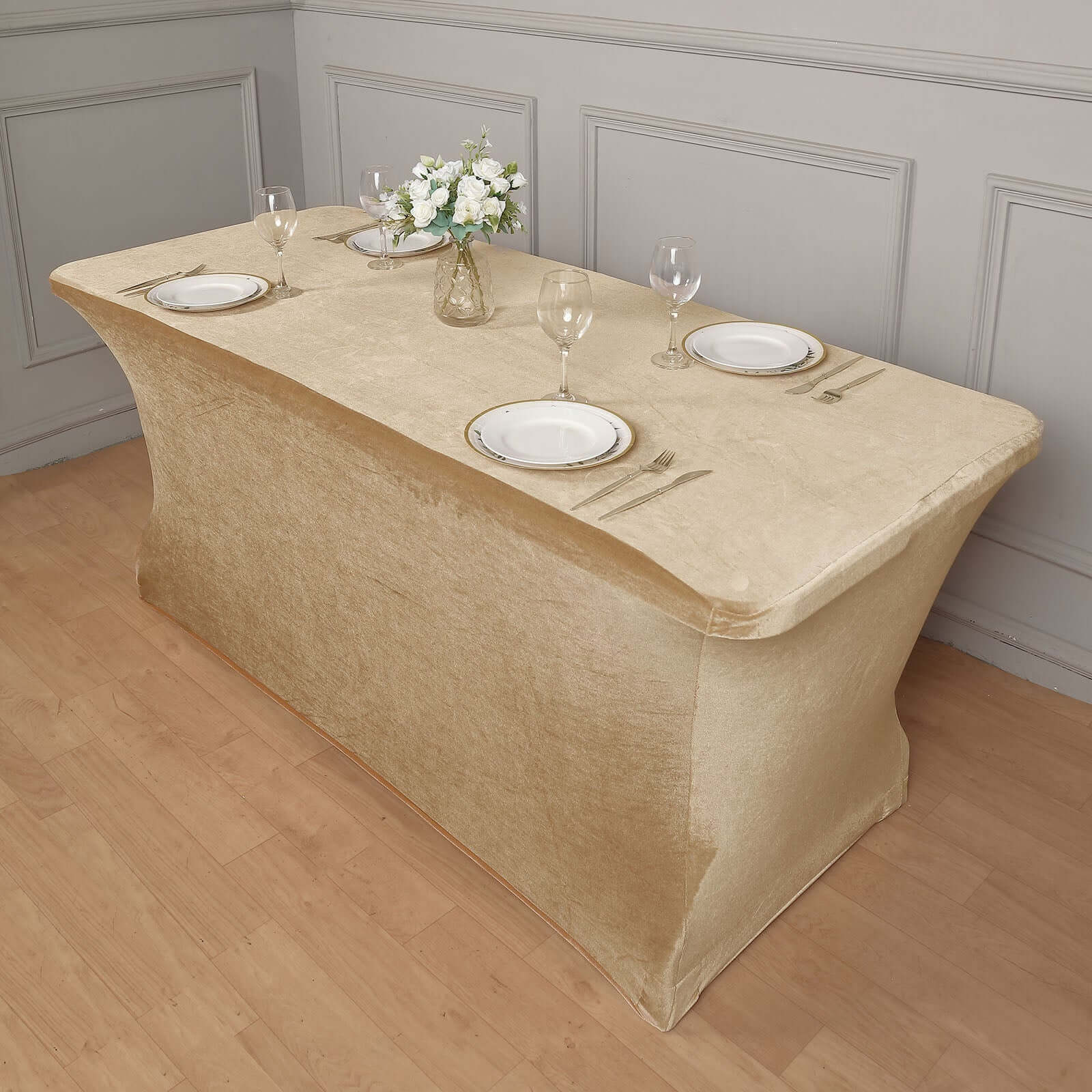 Velvet Spandex 6ft Rectangle Tablecloth Champagne - Fitted Wrinkle-Free Design for 72"x30" Tables