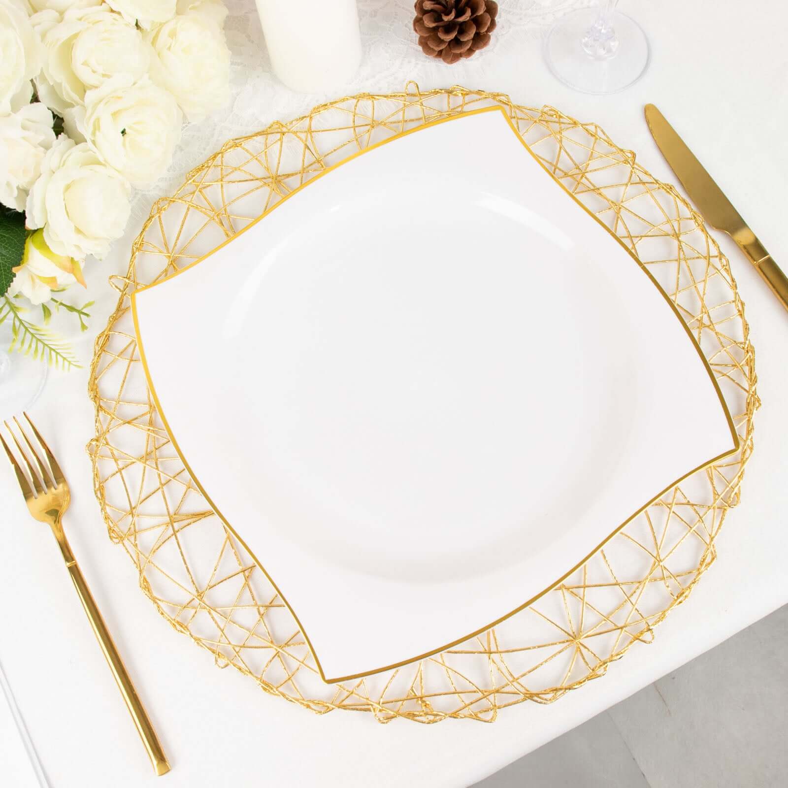10-Pack Plastic 10" Square Dinner Plates in White with Gold Wavy Rim Modern - Disposable Party Plates for Luxe Events & Banquets