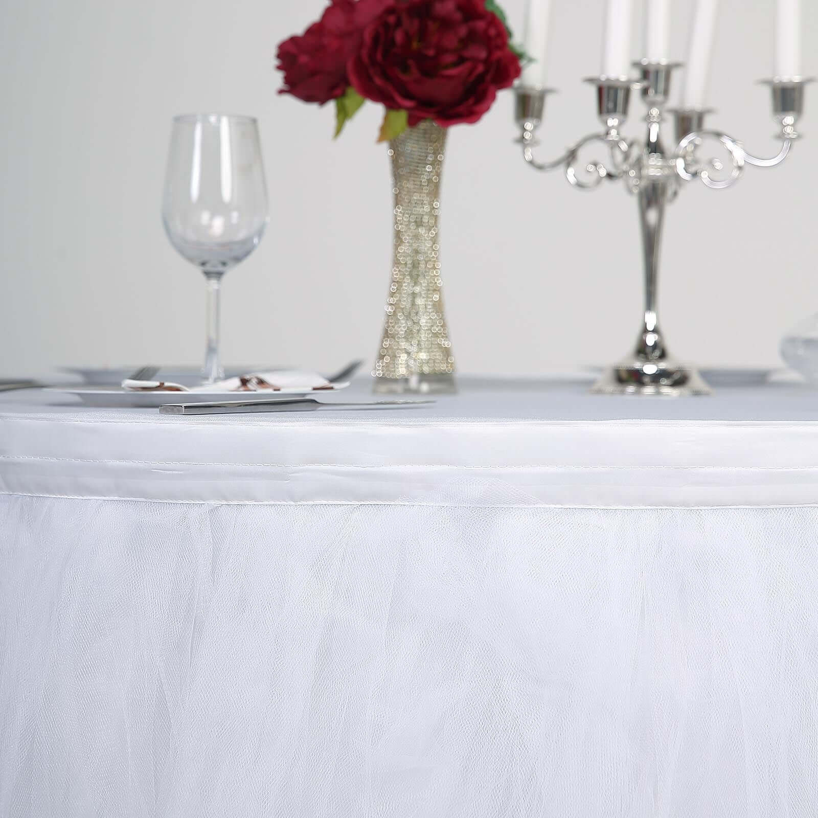 Tulle 14ft Table Skirt White - 4 Layer Pleated Tutu Chic & Soft Event Table Cover