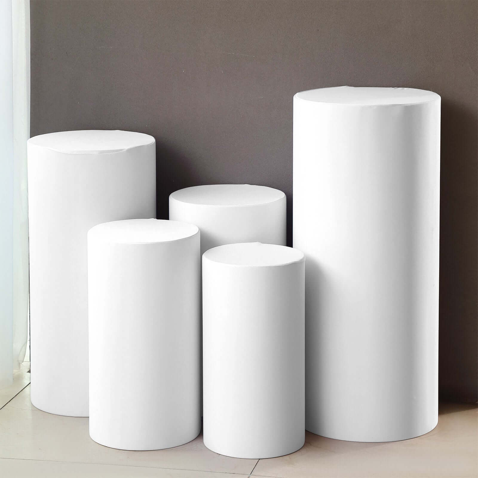 Set of 5 White Spandex Cylinder Pedestal Stand Covers, Stretchable Pillar Prop Covers - 160 GSM