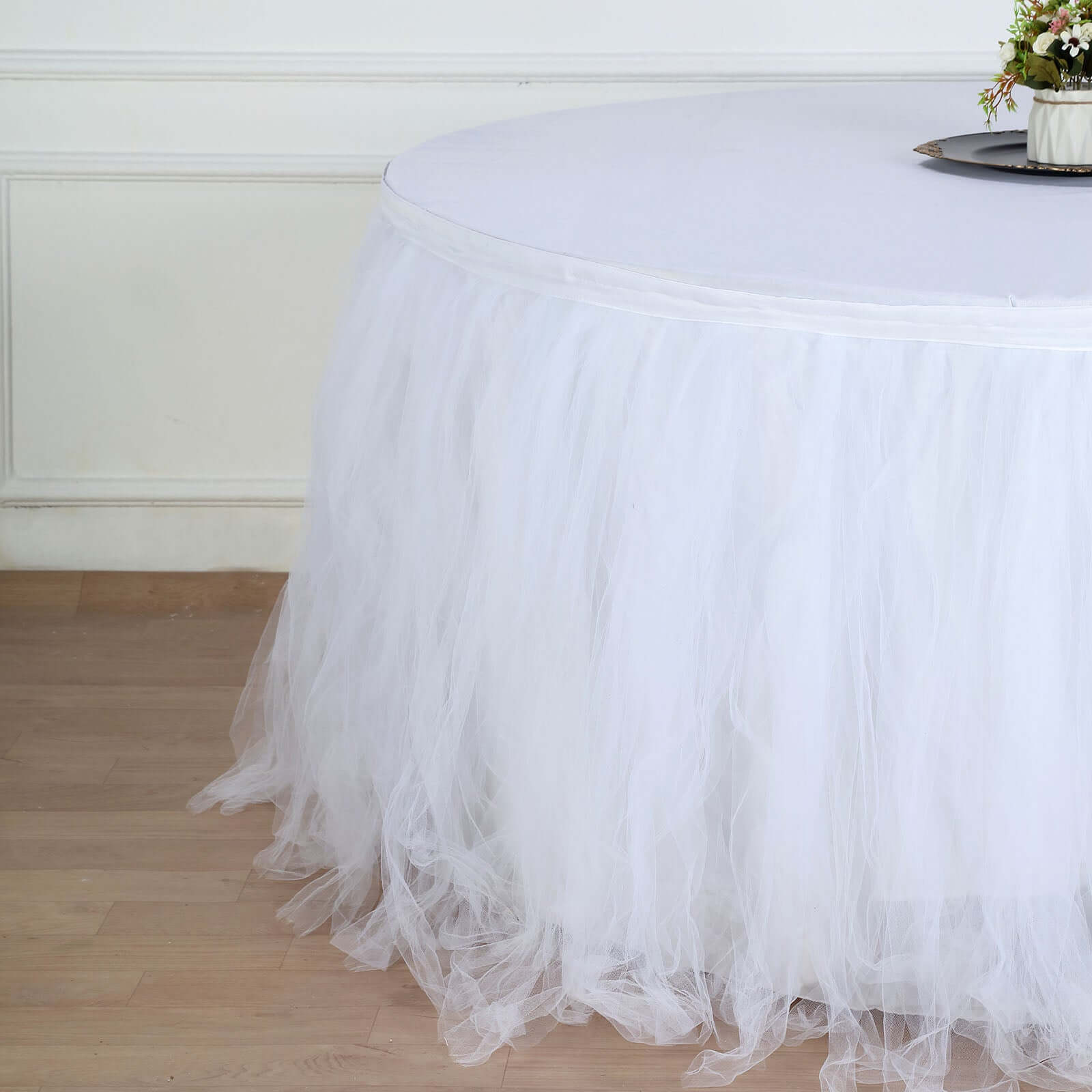 Tulle 17ft Table Skirt White - 4 Layer Pleated Tutu Chic & Soft Event Table Cover