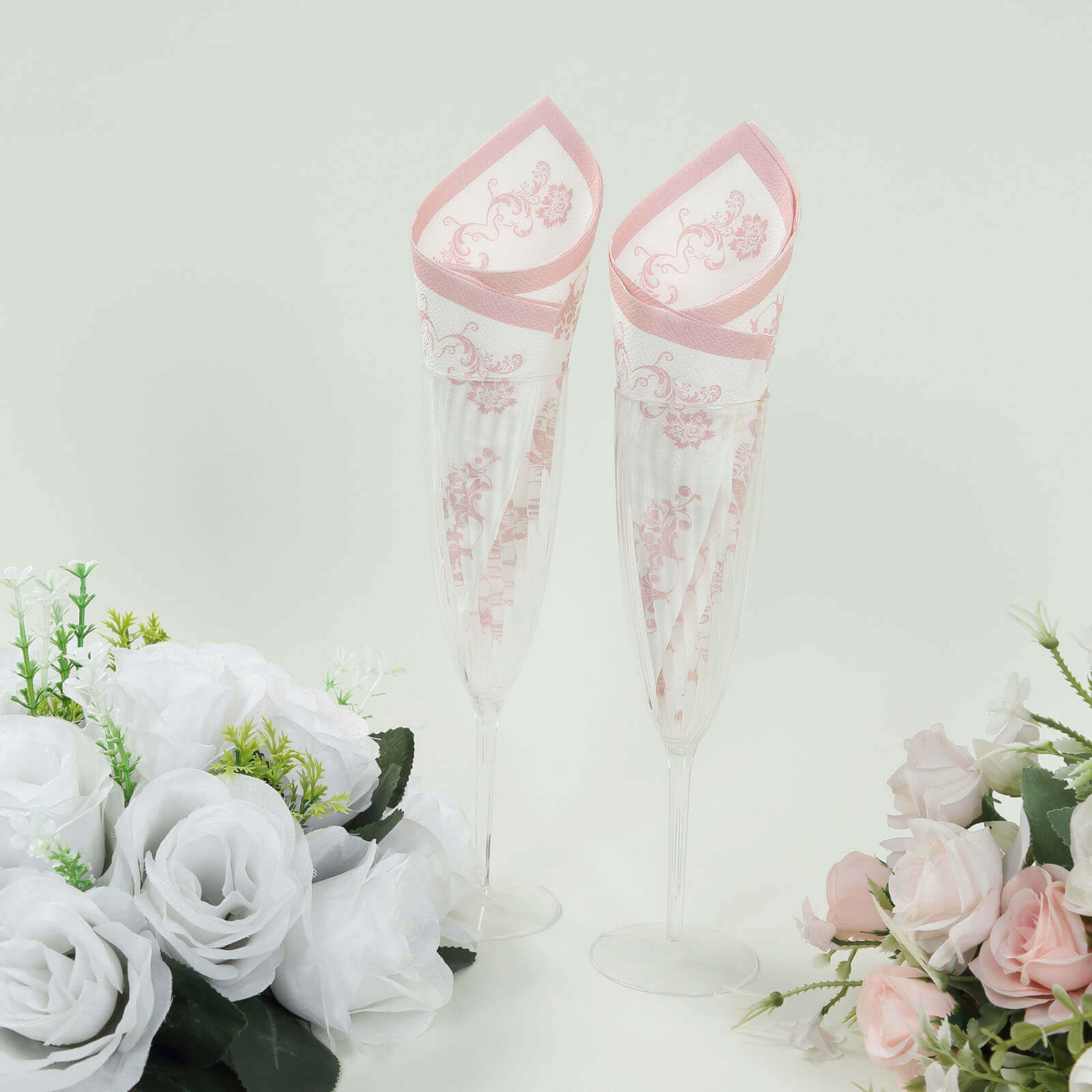 50 Pack 2-Ply Paper Beverage Napkins in White Matte Pink Damask Floral Pattern, Disposable Cocktail Napkins - Highly Absorbent & Soft