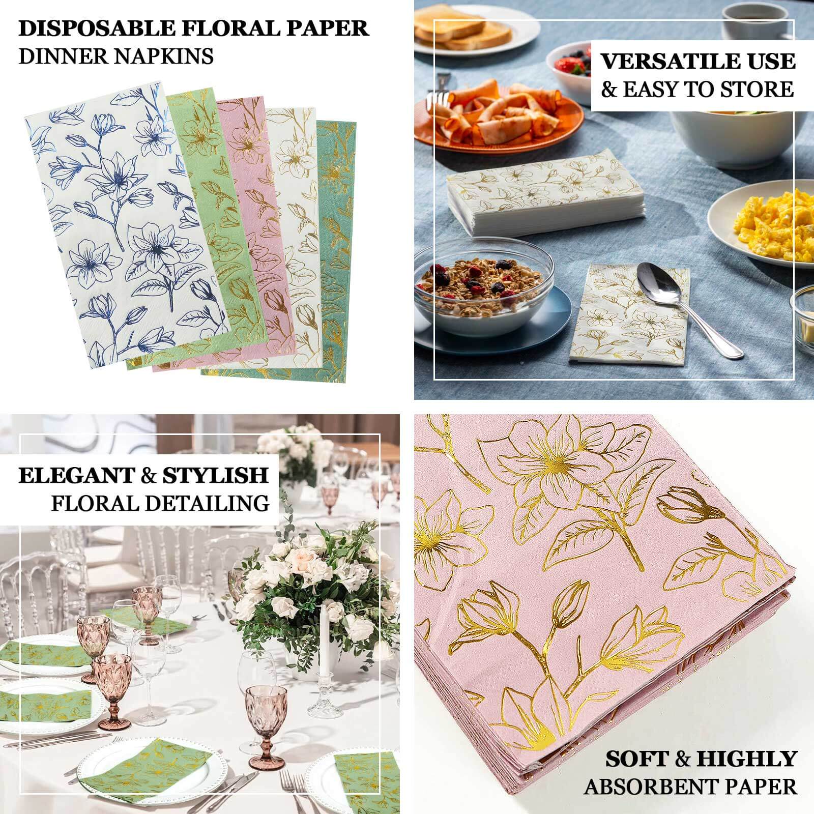 50-Pack Paper Dinner Napkins White with Blue Magnolia Flowers Print 2-Ply - Disposable Soft Napkins for Parties