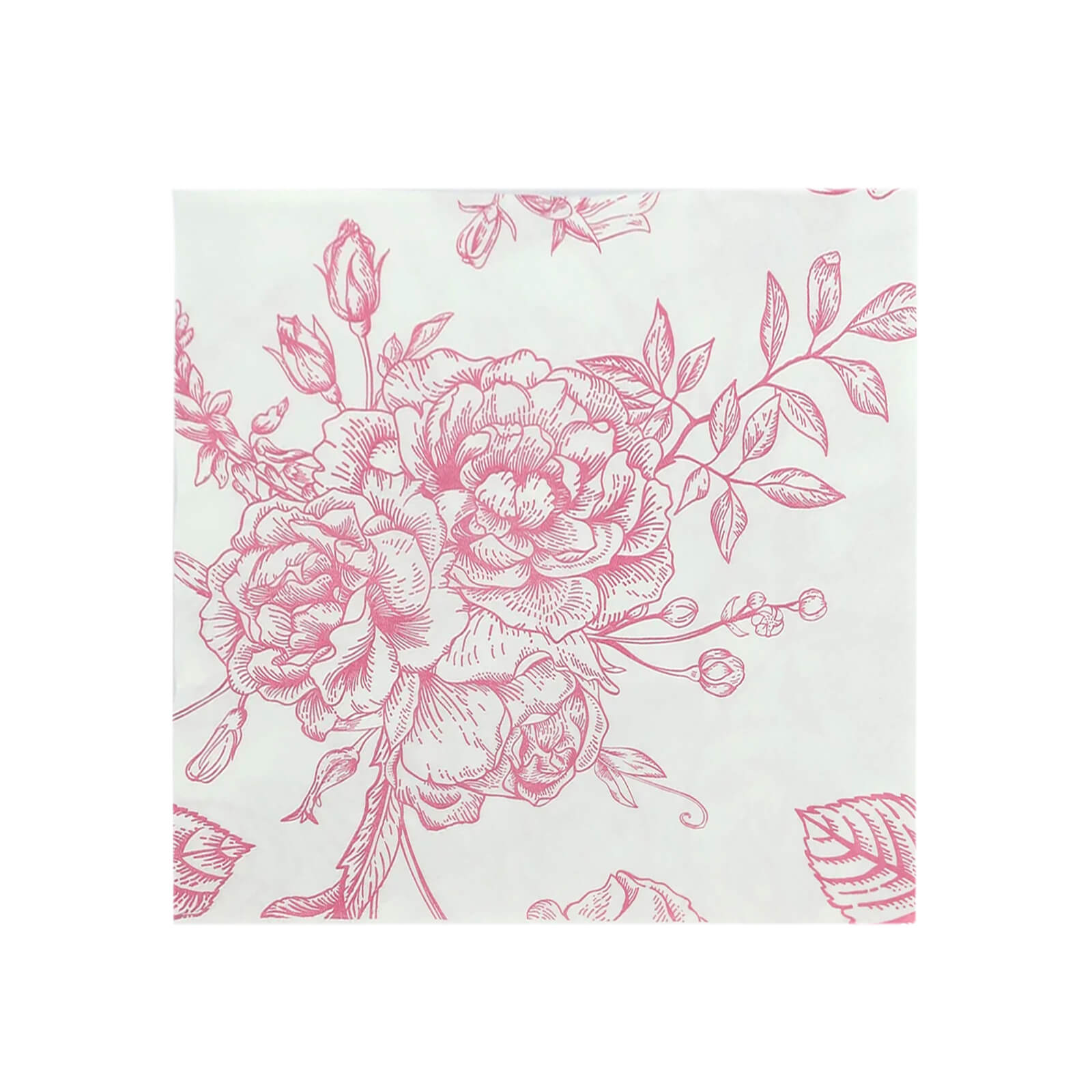 50 Pack 2-Ply Paper Beverage Napkins in Matte Pink and White French Toile Floral Pattern, Highly Absorbent Soft Disposable Cocktail Napkins
