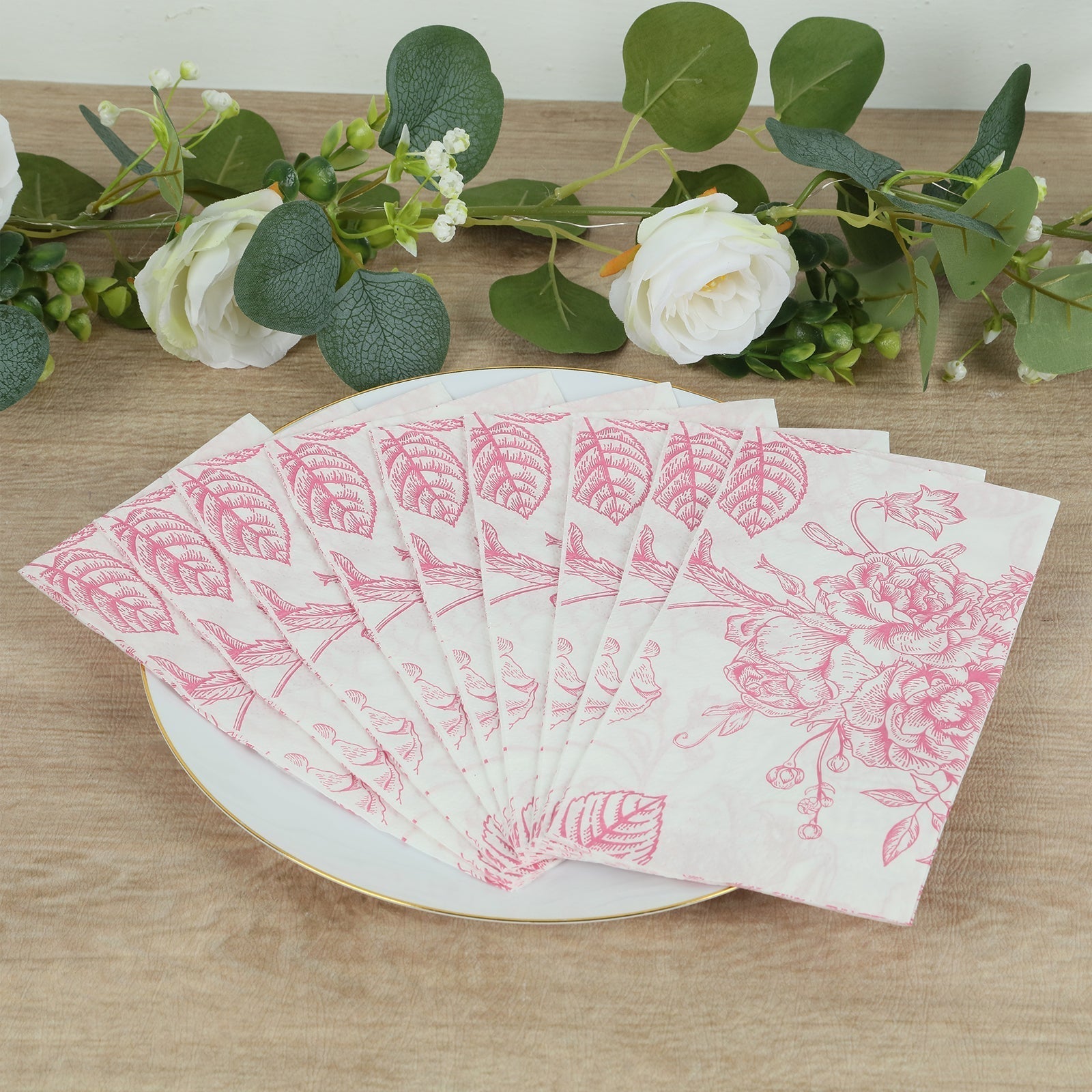 50 Pack 2-Ply Paper Party Napkins in French Toile Floral Pattern, Matte Pink and White Highly Absorbent Soft Disposable Dinner Napkins