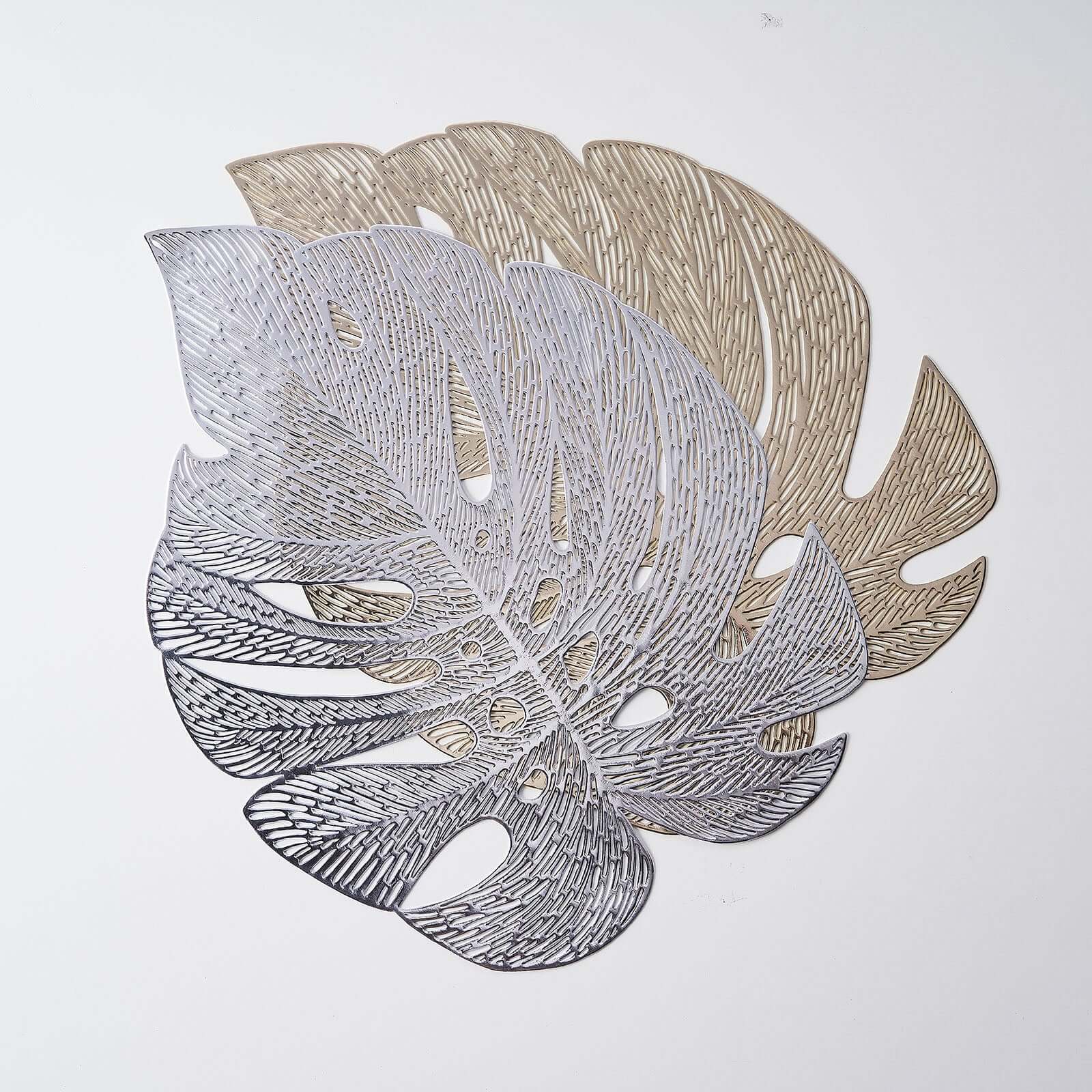 6-Pack Dining Table Mats Monstera Leaf Design Silver - Vinyl Non-Slip Surface for Tropical Themes 18"